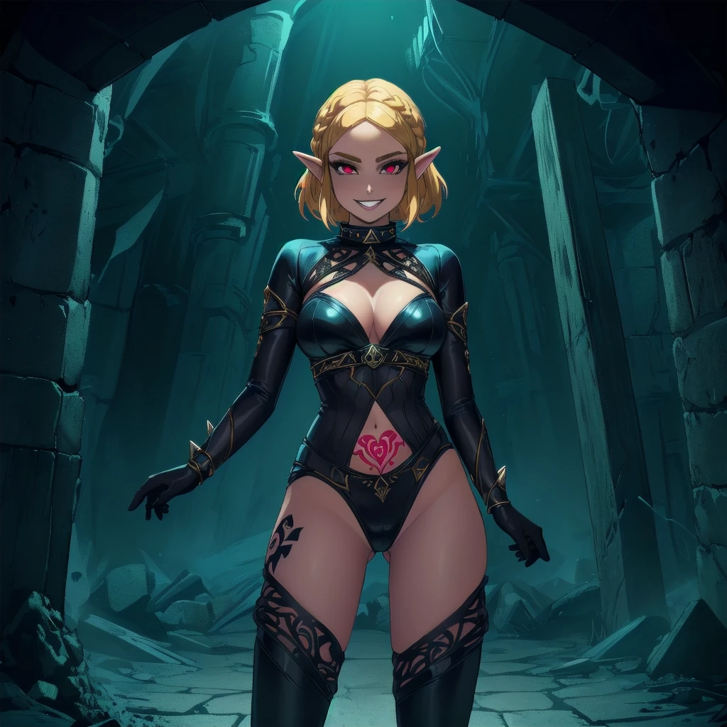 (zelda totk reimagined as a corrupted dark queen by ganon  )+++, sfw++,masterpiece, best quality, high quality, illustration, film grain,(perfect female )++, beautiful detailed eyes,  (symbol of evil:1.2),milf zelda, lascivious woman, (evil smile:1.1), (villain, dark heroine:1.2), (perfect female proportions:1.1), (seductive eyes:1.2), eyeliner, mascara, sexy makeup, (seductive smile:1.2), (mature woman:1.4),masterpiece, best quality, high quality, illustration, film grain, 1girl, (glowing evil red eyes), evil grin, crazy eyes, (high resolution, masterpiece, ultra best quality, insanely amazing hyper fine extremely detailed, official:1.4) dark heroine anime girl with short hair in a dark and evil place, extremely detailed artgerm, (official:1.4), dynamic composition, (solo girl:1.4), {sfw}, masterpiece, ultra-detailed, iconic attack, dominatrix, spiked collar, dark kingdom, bad end, 1girl, solo female, solo focus, mature female, standing, full body, looking at viewer, dark zelda totk, dark queen, evil, corruption, contrapposto, mind break, blond hair, (short hair:1,5), evil smile, lips, eyelashes, evil grin, dark aura, thigh_clothes, ,alternate costume, bdsm, (intricate details:1.12), (intricate details, hyperdetailed:1.15), hdr, dungeon, (at night:1.2), fireplace, warm light, dramatic light, cinematic,creepy dungeon, dark aesthetic, goth aesthetic, creepy, ominous background, dark atmosphere, death atmosphere, green and red atmosphere, evil dungeon background, gothique, faint darkness, ((red glow crotch tattoo)), 