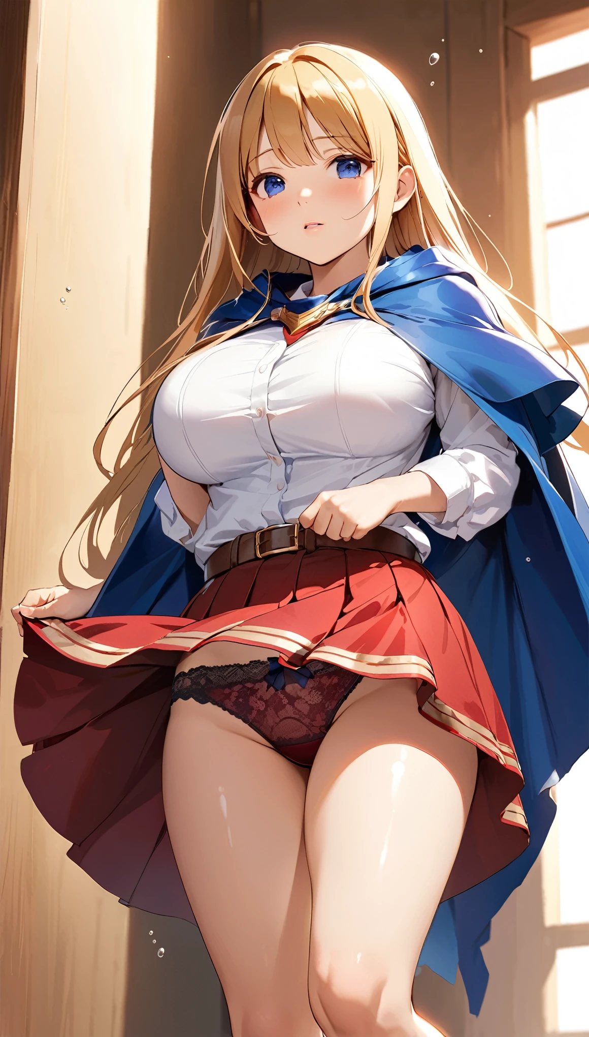 best quality,1girl,((((:1.3)))))),((big breasts:1.3)),curvy,orgasm,blush, sweat,blue eyes,blonde hair,((long hair:1.3)),straight hair,waist-cape armor,((blue cloak,white shirt,red skirt:1.3)),mini skirt,fantasy,((panty shot,lift skirt,upskirt,lace panties:1.1)),kneehighs,full body