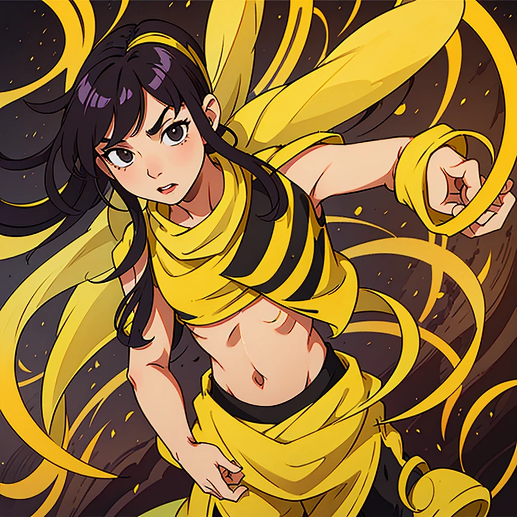 (Handsome) ,Roleplaying、Man with long hair、Man in fantasy style clothing、Man in Yellow、wearing a long yellow bandana、Black-haired man、belly button、Small size of clothes