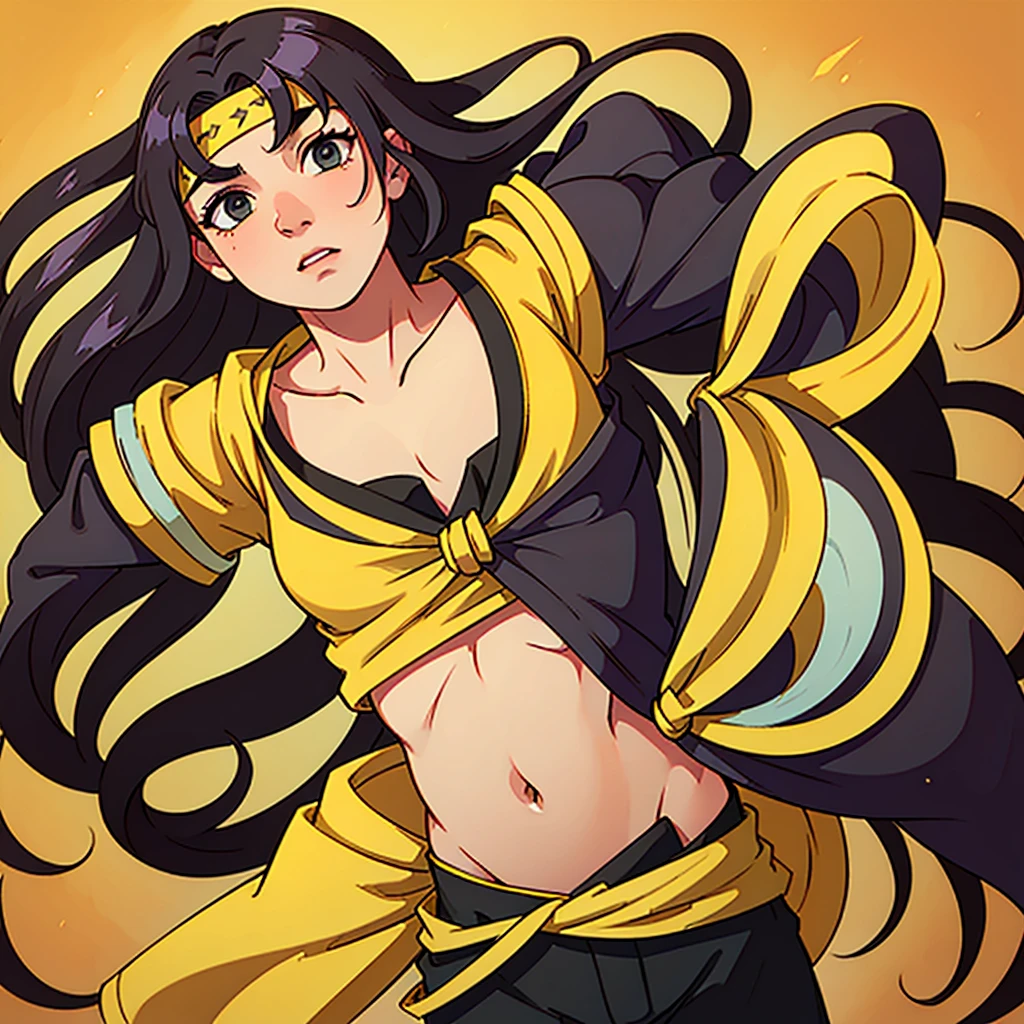 (Handsome) ,Roleplaying、Man with long hair、Man in fantasy style clothing、Man in Yellow、wearing a long yellow bandana、Black-haired man、belly button、Small size of clothes