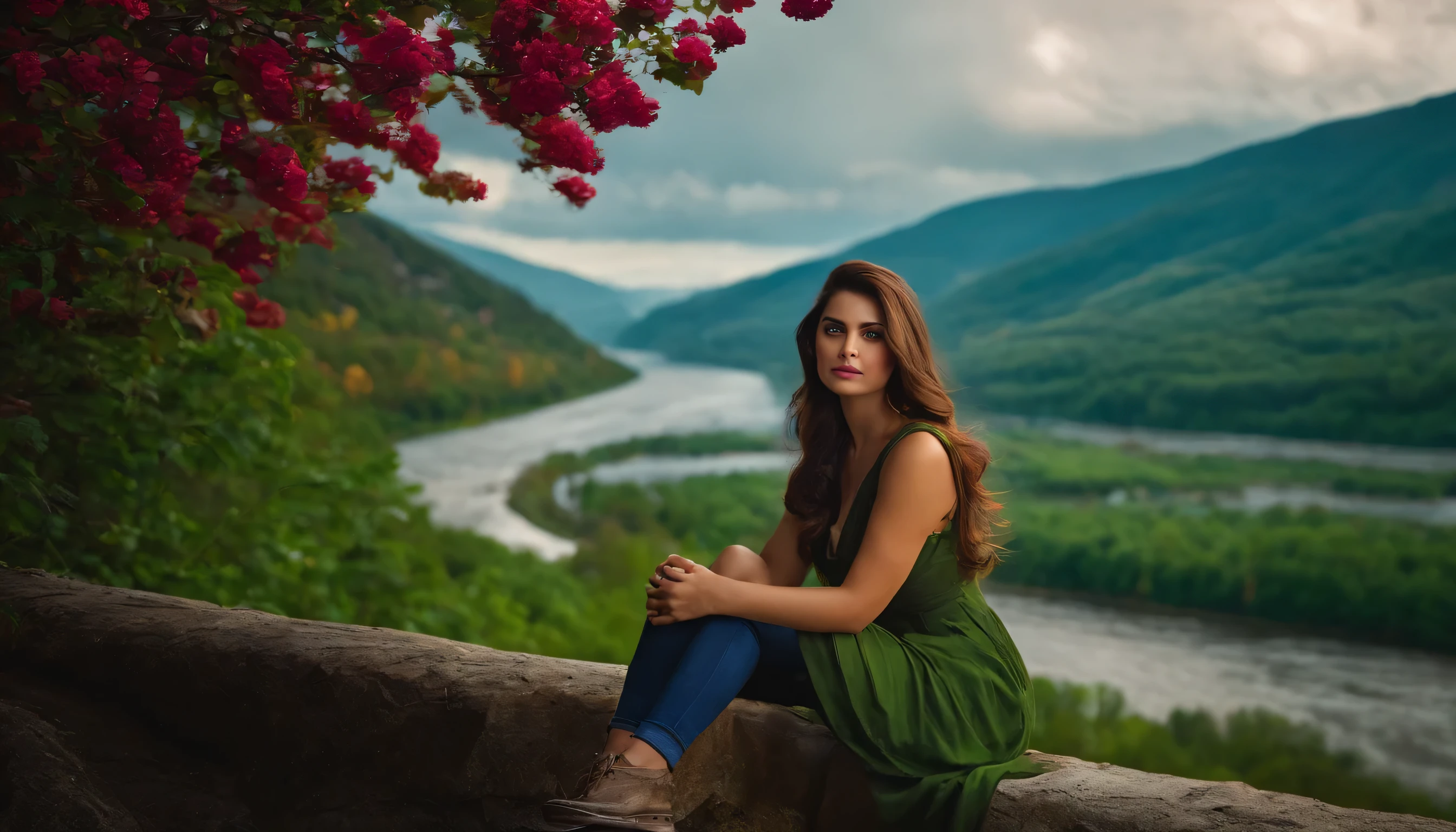 a beautifull girl with perfect ,in the cloudy weather, hills and river behind her