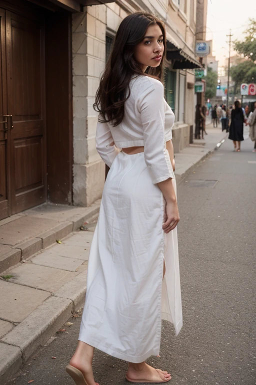 In traditional pakistani kurta dress, seductive pose, standing at lahore streets, back pose with best shaped belly visible