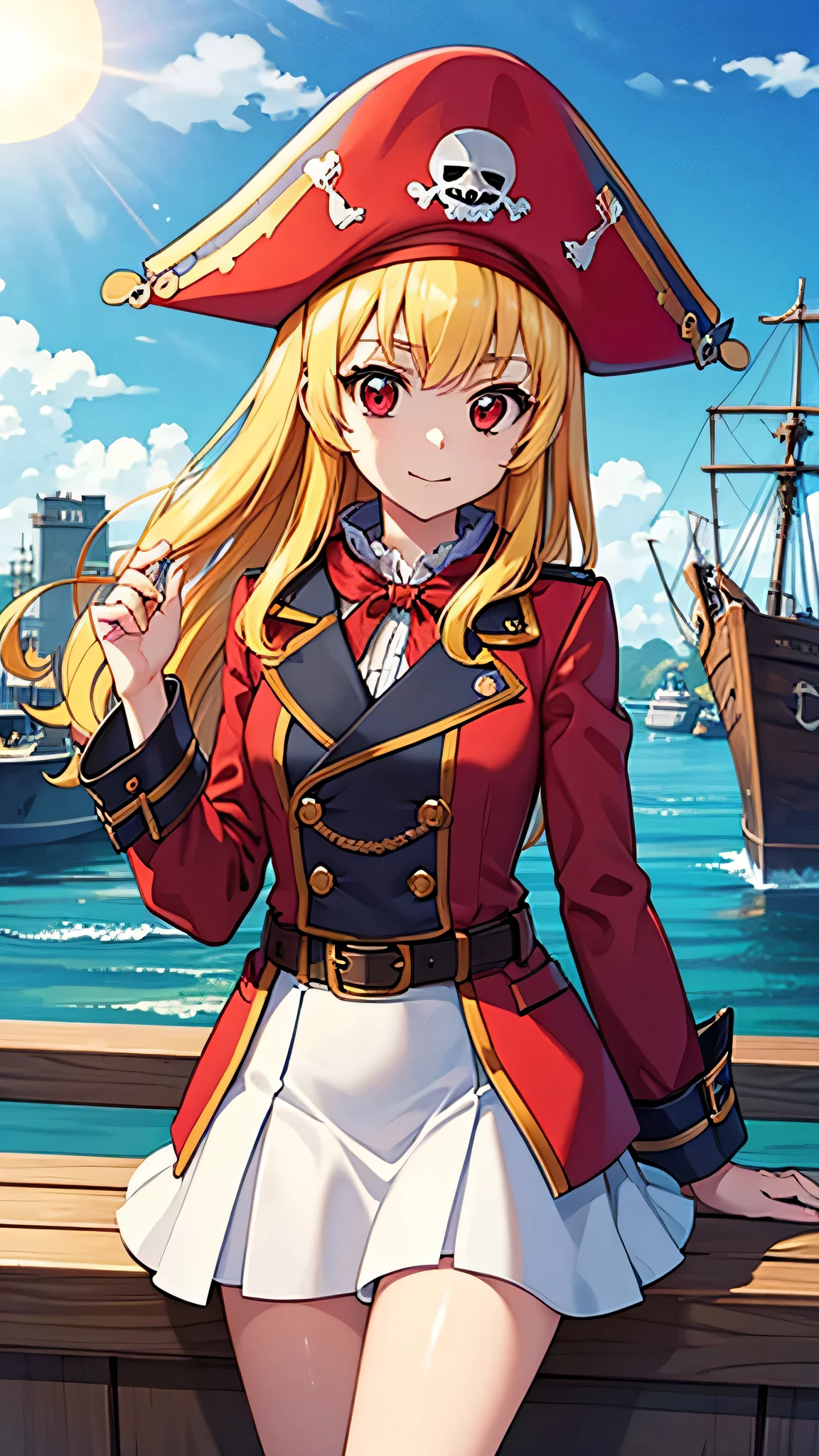 best quality, sharp detailed, (fantasy:1.3), 1woman, solo, 20yo, medium_breasts,
BREAK,
pirate, white blouse, crimson trench coat, crimson corset, white scarf, black mini skirt, belt,pirate hat,
BREAK,
beautiful detailed face and eyes, Blonde hair, long hair, red eyes,(RED Ribbon on pirate hat,:1.2),
BREAK,
(harbor:1.2), (pirate ship:1.2), sea, morning, rising sun, orange skylight, morning sun