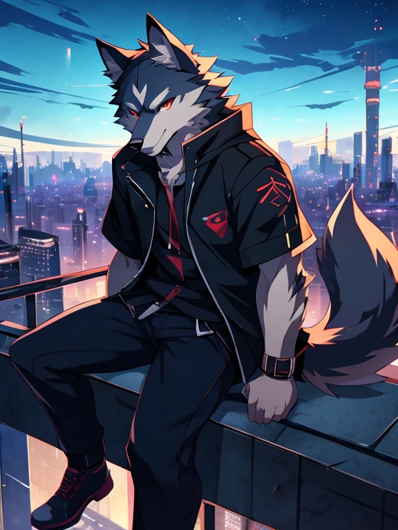anime - style picture of a wolf man sitting on a ledge with a night city in the background, lofi artstyle, anime style 4 k, inspired by Liam Wong, anime style. 8k, 4k anime wallpaper, anime art wallpaper 8 k, 2 d art, 2d art, badass anime 8 k, by Yuumei, anime art wallpaper 4k, (Wolf Tail)