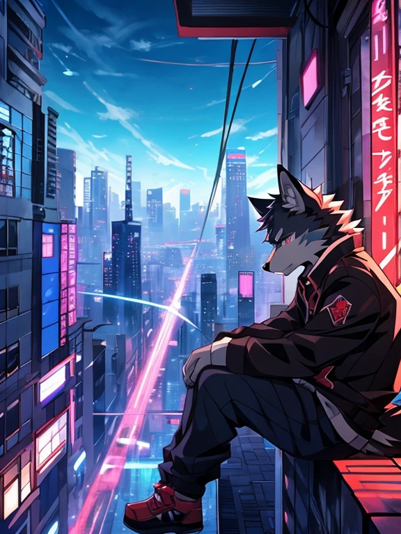 anime - style picture of a wolf man sitting on a ledge with a night city in the background, lofi artstyle, anime style 4 k, inspired by Liam Wong, anime style. 8k, 4k anime wallpaper, anime art wallpaper 8 k, 2 d art, 2d art, badass anime 8 k, by Yuumei, anime art wallpaper 4k, (Wolf Tail)