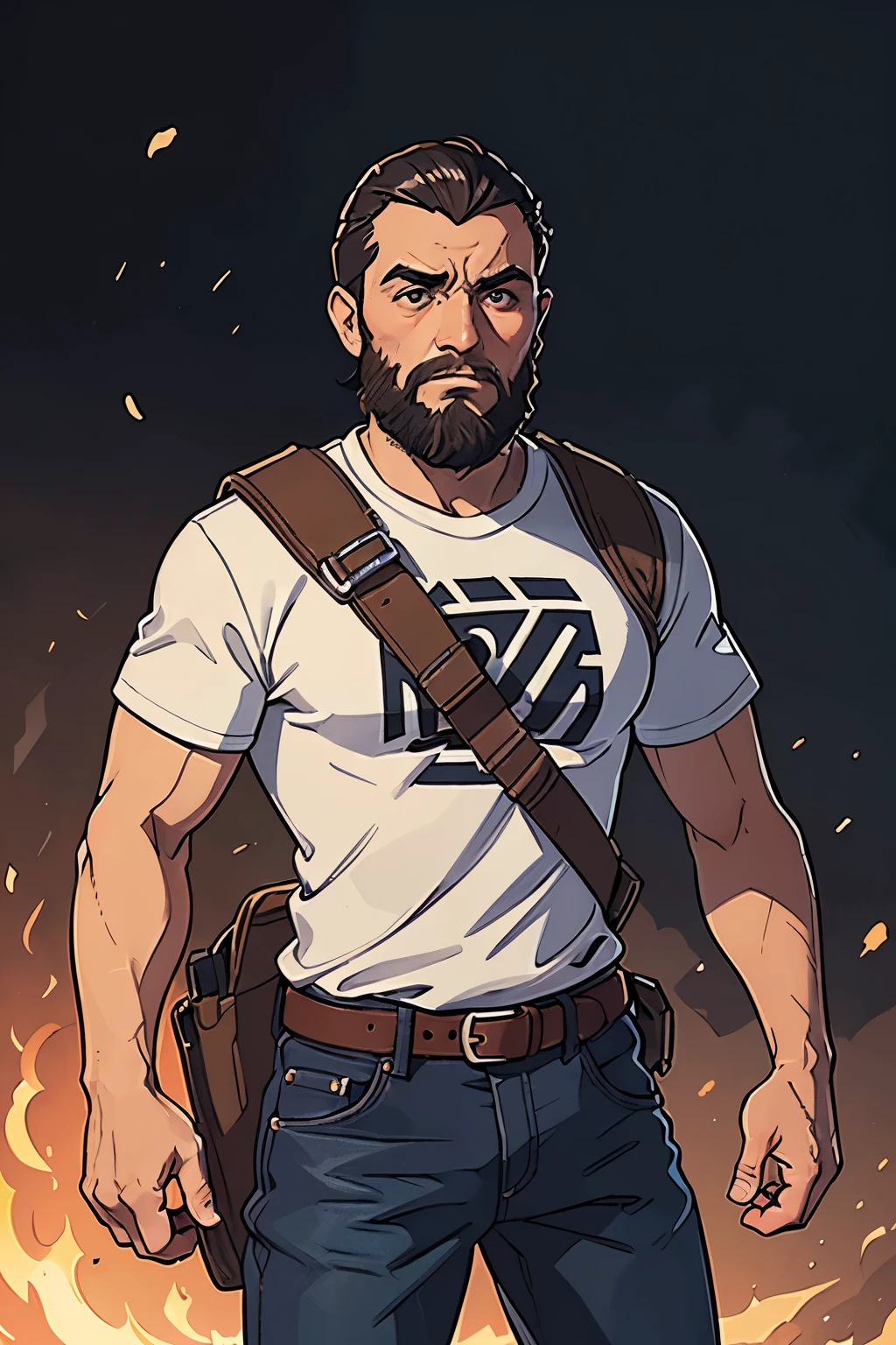 homem de 35 anos, pele branca, cabelos e barba castanhos, sobrevivente de um apocalipse, jaqueta preta de couro, camiseta branca, jeans, medium beard, cabelos rabo de cavalo, action scene, Survival equipment, cores vibrantes, corpo inteiro do personagem, fundo branco