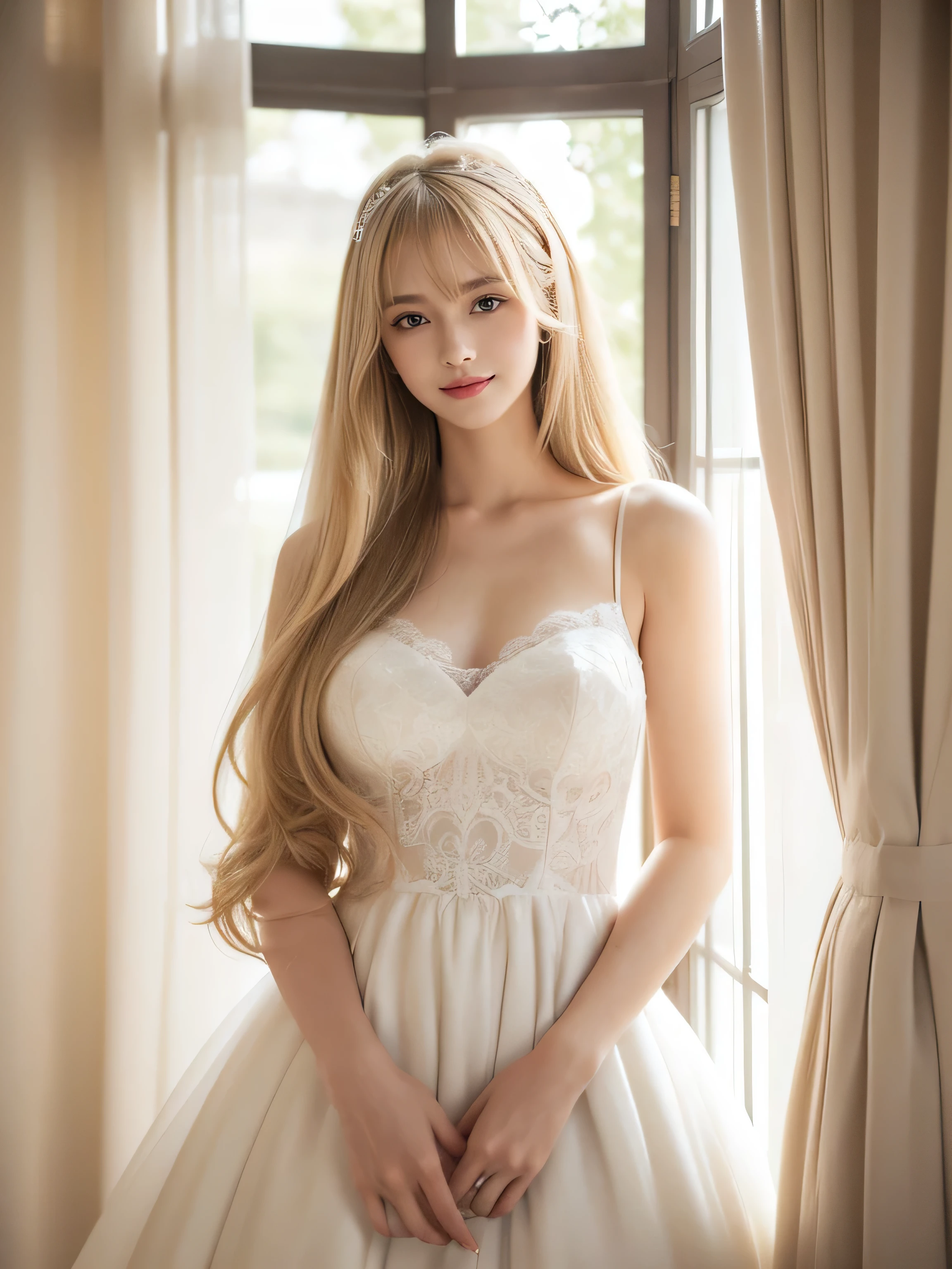 (Wedding dress standing in front of a curtain, soft elegant gown, wearing a Wedding dress, dressed beautiful gown, Wedding dress, wearing organza gown, gown, Tulle and lace, white regal gown, With natural light as a background, beautiful Wedding dress, white gown, Elegant and graceful, beautiful gown, beautiful and elegant, intricate gown, romantic gown　Wedding dress standing in front of a curtain, a portrait by Eizan Kikukawa, Pinterest, Baroque, soft elegant gown, wearing a Wedding dress, dressed beautiful gown, Wedding dress, wearing organza gown, gown, Tulle and lace, white regal gown, With natural light as a background, beautiful Wedding dress, white gown)　((Full Shot:1.2))　　((highest quality)), ((masterpiece)), (Get used to it), Perfect Face　(1 girl)　(French)　(She is 24 years old、The cutest and most beautiful fantasy girls from France)　length blonde hair 　length, Shiny golden hair,Golden Silky Hair, Straight blonde hair, length blonde straight hair, Perfect Silky Straight Hair, Straight blonde hair, length blonde hair, Her hair is long and straight, detailed length blonde hair　Super Long Hair down to the ankles　((Neat bangs　The neatly trimmed bangs are princess cut and cover the entire forehead..))　(Big Tits 1.4)　bright crimson lips　good, Anatomically correct hand　Thin fingers　Anatomically correct five fingers　Sexy professional makeup　Beautiful French girl face, French facial features, Long Hair shiny Long Hair, length, Shiny golden hair, length, Straight Golden Hair, Her hair is long and straight, Super Long Hair girl, Silky Hair, length blonde hair, Silky Hair, length, Flat Hair, Silky texture, Long Hair, length, flowing blonde hair, thin and shiny hair　Anatomically correct、White beautiful human skin and detail of hands and fingers　Beautiful Eyes　Mouth Details　the corners of the mouth rise slightly　Cool look　　(The eyebrows are dark brown in color)　(She looks at the viewer and gives a sweet smile.)　(The location of the photo is a starry sky, a ladder, and a flock of birds.., Matte paintings inspired by Johan Jongkind, Shutterstock, magical realism, Entrance to the spirit world, Magic portal in the sky, In the astral world ) ) ), Esoteric equation heaven, Dreamscape Painting, stairway to heaven, magical dreamy atmosphere, Entrance to the spirit world