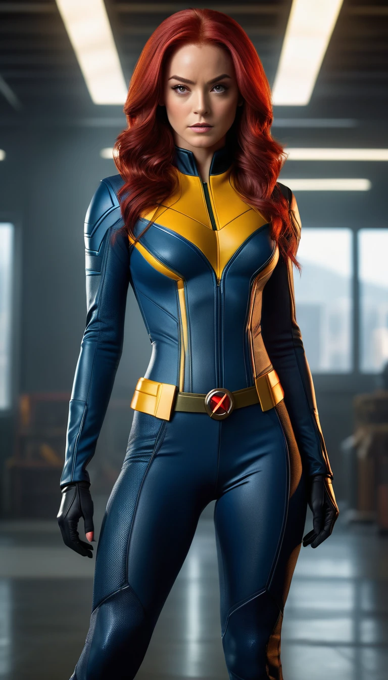 Annabelle Wallis, realistic, super model, super body,full body, s, orange hair, blue eyes, black latezcostume