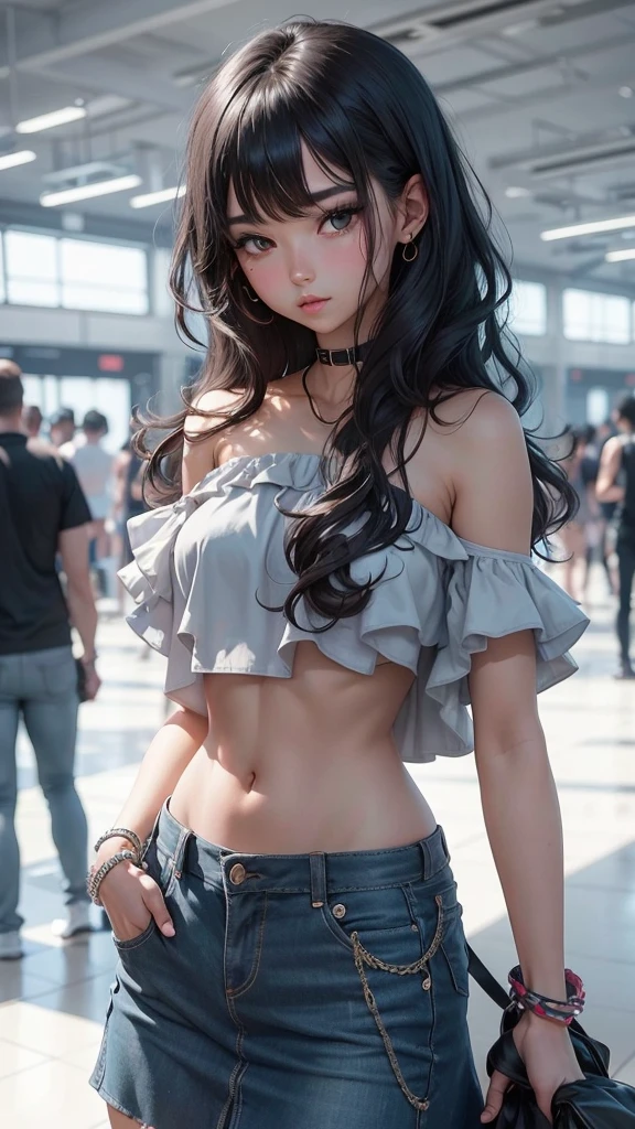 Beautiful girl , slim fit body , wavey black hair , strapless crop top, mini skirt , blushed cheeks