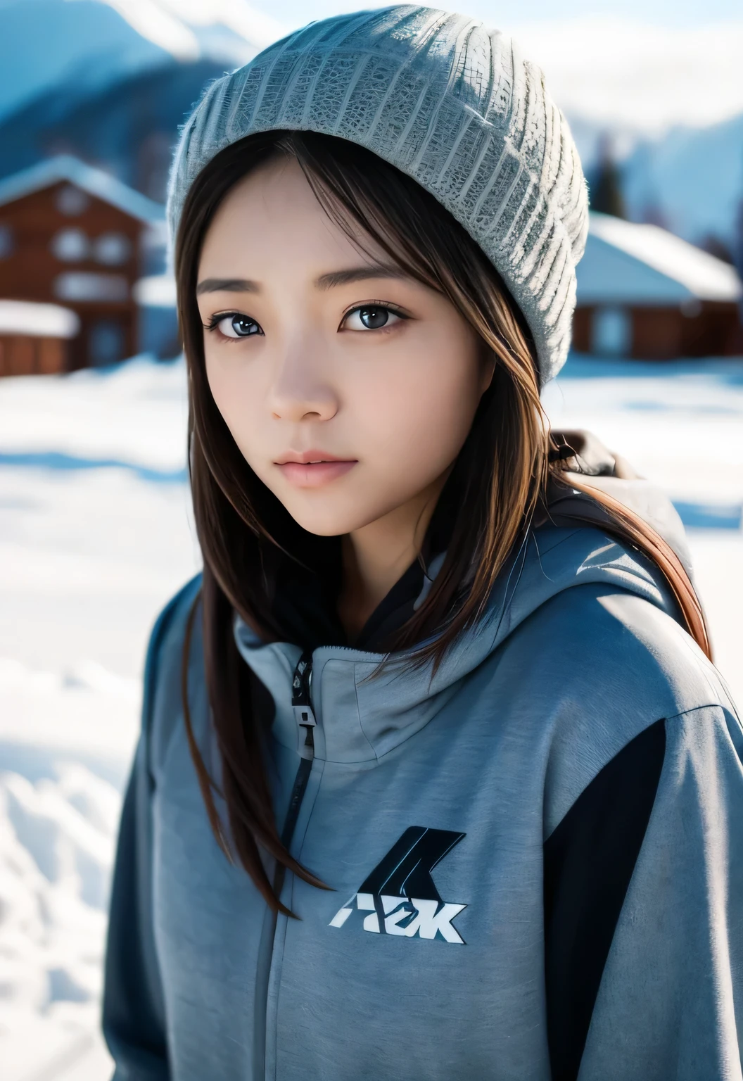 8k, highest quality, Tabletop:1.2), (Realistic, Photorealistic:1.37), highest quality, Tabletop, Beautiful young woman, Pensive expression,、attractive、And attractive facial expression, Ski、Snowboarder、Ski wear, Tie your hair back, Movie Background, Light skin tone、Ski course background