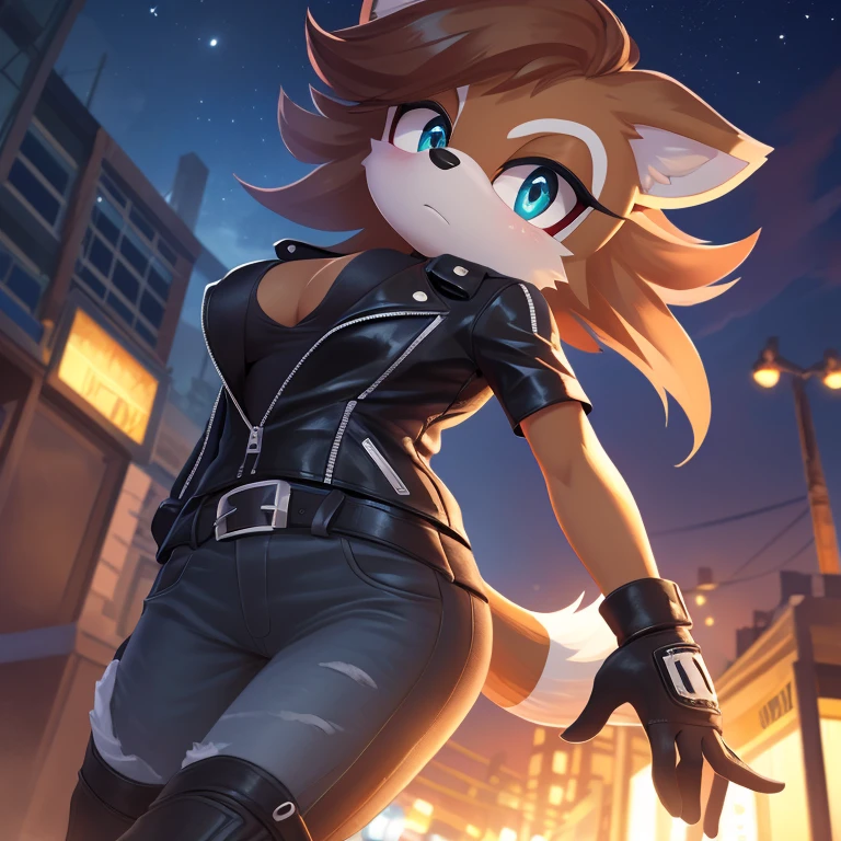 ((masterpiece)), studio quality, highly detailed, extreme detailed, high quality, max detailed, hyper detailed, anime, mobian, 1girl, racoon, black short hair, aqua eyes, attractive, gorgeous body, medium breast, biker clothes, serious, nighttime,