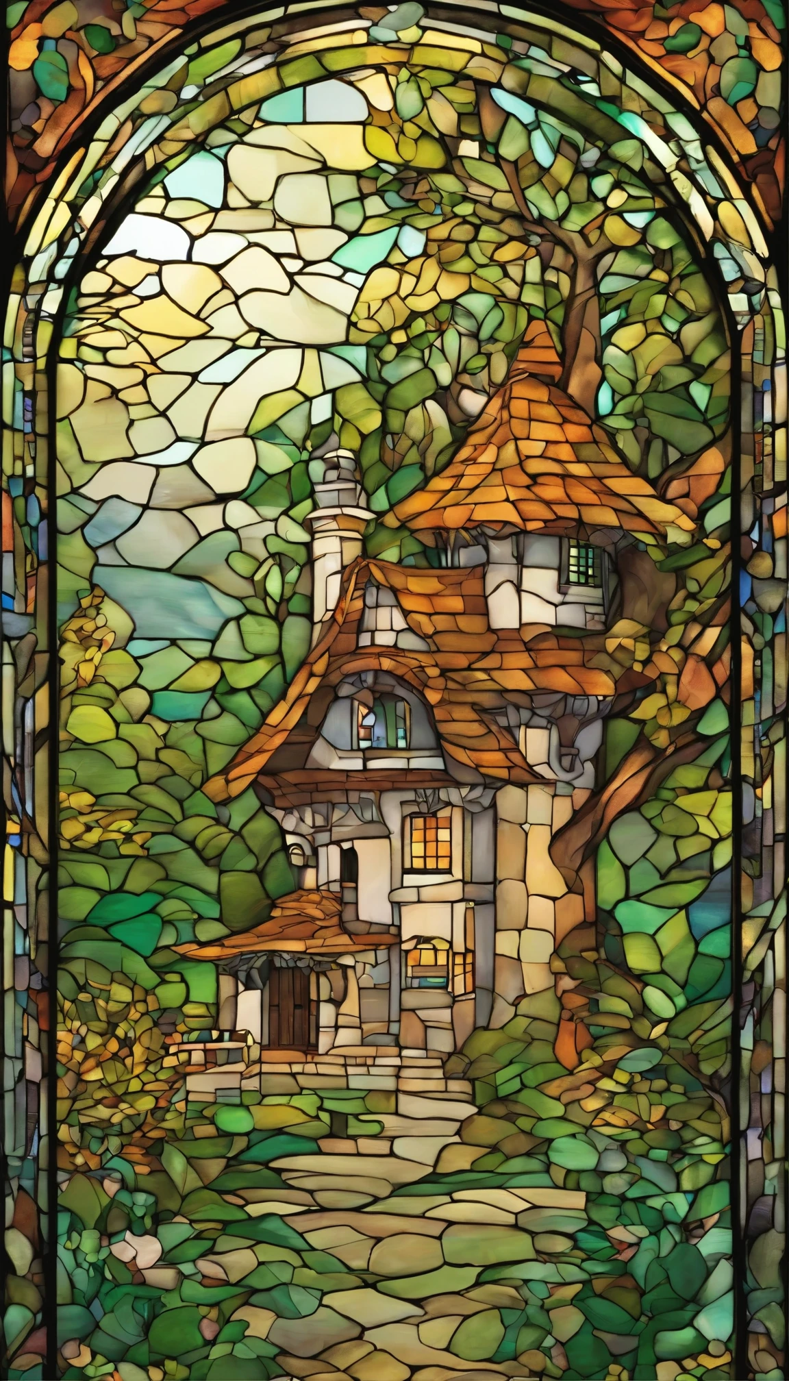 in a green hood coming out of the cottage, Scenic villages, A village nestled in rolling hills, Ivy-covered cottage, morning, Cobblestone Street, Bucket in hand, masterpiece, intriCate details, Trending on Artstation, A small creature hiding in the forest, Beautiful atmosphere, Cat, mouse, Magpie, Tree Owl, People who are far away々