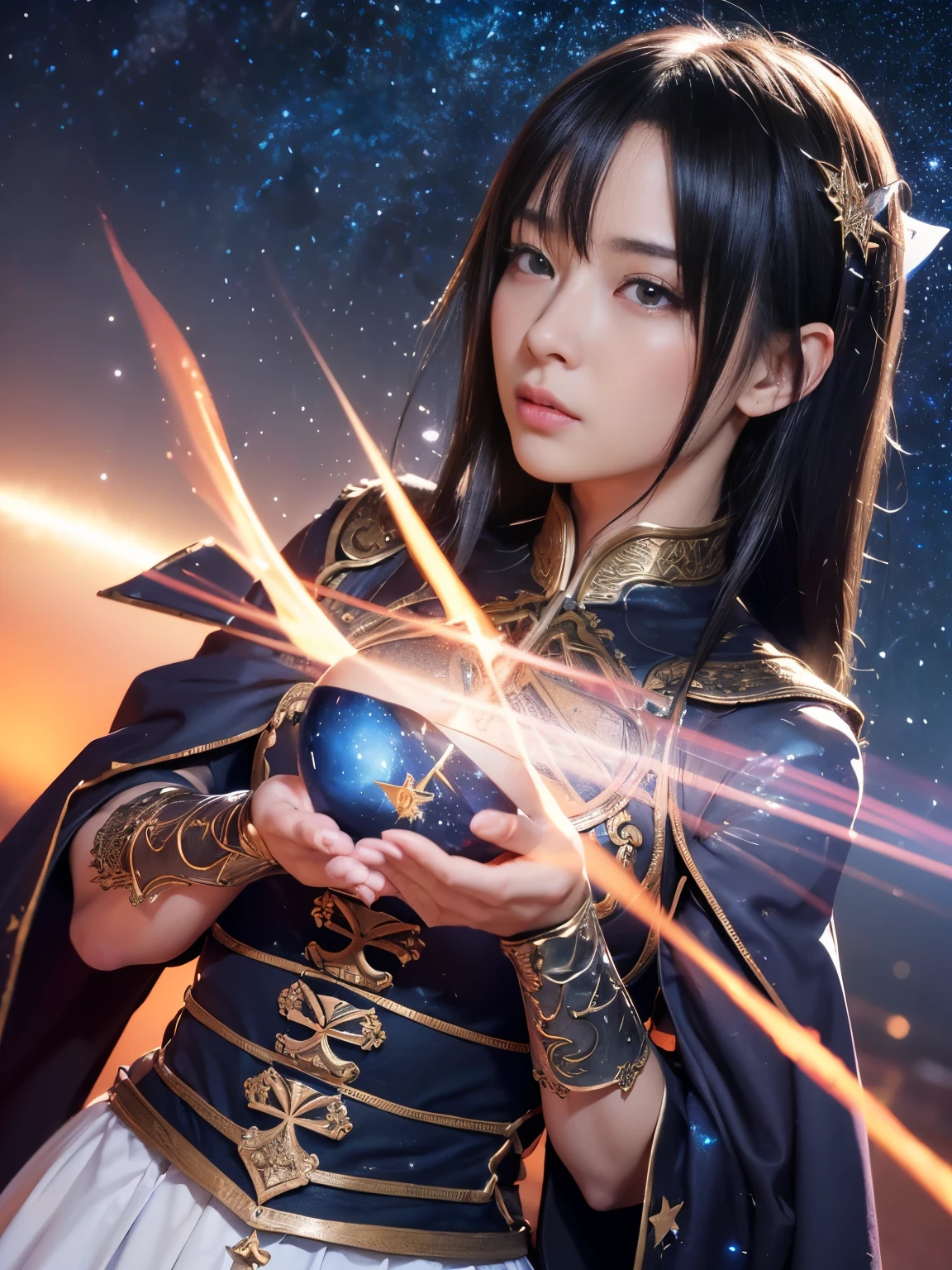 美Shiiキャラクターの絵, 美Shii天界の魔術師, artgerm と ruan jia, ((美Shiiファンタジーの皇后)), by ヤン・J, 非常に詳細な女godショット, 8K Highly Detailed Art, ((The background is fantastic:1.2)), ((The background is full of stars:1.2)), ((Dutch Angle:1.3)), (Medieval European Costume), ((god々Shii:1.3)), Magician's Dress,