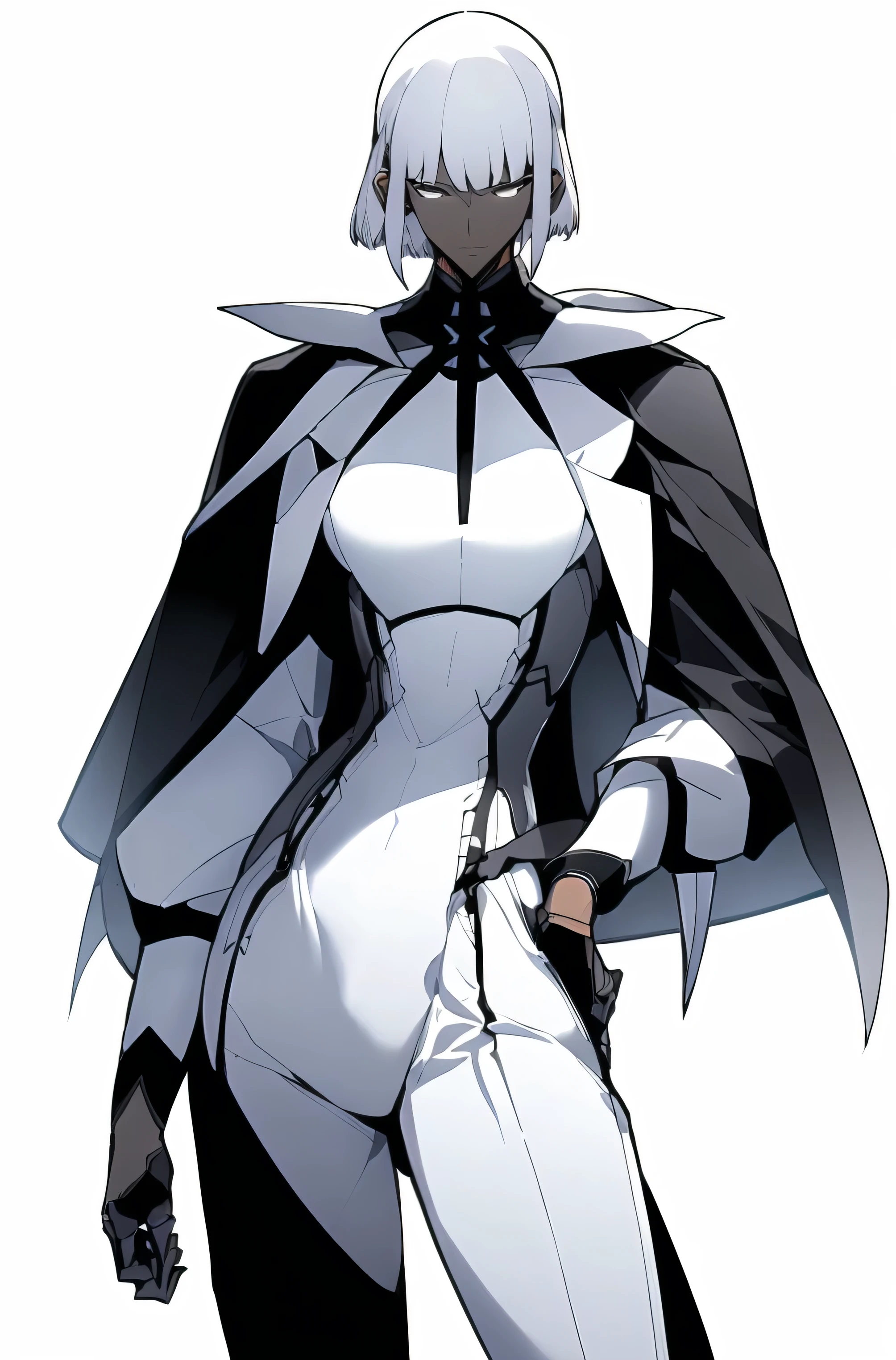 (top-quality、masterpiece:1.2) 1woman、Adults、((dark skinned female、long white short hair、Hair hanging over the ears)) ((White background)) eye glasses、((Black business suit、Black tailored jacket、white shirt、Black pantsuit、Black gloves)) (One hand is on her hip) (Vicious look、Vulgar smile), intricate pencil sketch