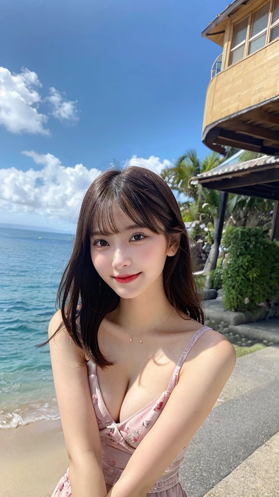 highest quality, shape, Very detailed, finely, High resolution, 8k wallpaper, Perfect dynamic shape, Beautiful and detailed, Summer clothes,Medium Hair,Natural color lip,smile,20-year-old girl、Midnight、Beautiful and elaborate face、Perfect and beautiful face、Slim face and figure,spread your arms wide,Big eyes,Take a photo with your face raised from below your knees、Small face、Beautifully detailed face、Perfect and beautiful double eyelids、Big cleavage、Long, slender legs、One Woman、gravure、Watching the audience、stroll、bedroom、full body、sea、Looking into the distance、Hawaii