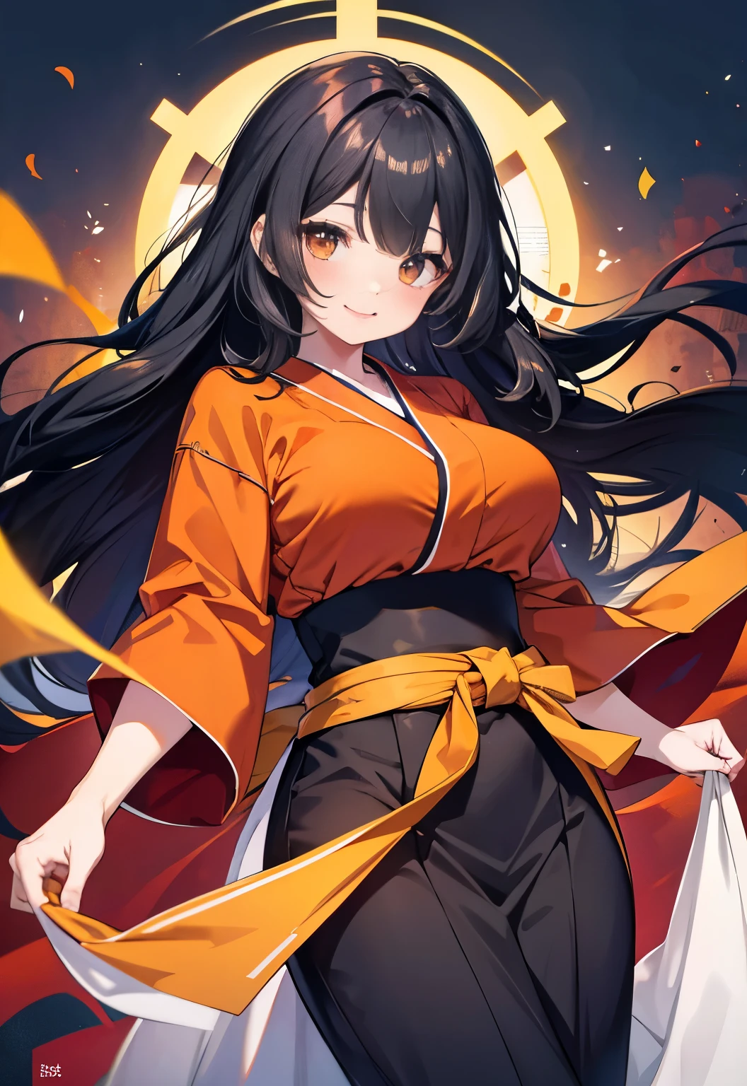 Black Hair，Orange eyes，Long hair，Red Hanfu，，blush，Smile，Large Breasts，Bedroom background