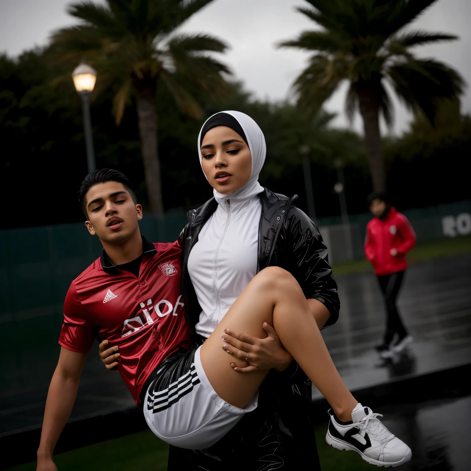 a desparated arab muslim hijabi-girl is standing in a laquered and very shiny quilted coat and carries a man in matte sportswear in her arms, a shouting arab muslim-woman carries a man in dull sportswear, a woman carries in her arms a male soccer player in cotton sportswear, rainy weather, rainfall, humid, girl carries guy, lift and carry, an excessively madeup arab veiled girl in a high-shine wet black latex downcoat, a soccer scene, a soccer injury, first aid carry at a soccer match, a young madeup latino-girl in a shiny black vinyl downjacket, a madeup arab girl in a shiny plastic-downcoat, a very sad and desperately crying latino-girl, an intensely madeup latino-girl in a glossy black vinyl-downcoat, latino-girl with lipstick, muslima-girl with smoky eyes, dramatic action pose, woman that is carrying a skinny shorthaired man, there is a beautiful woman in a shiny coat who is carrying a shorthaired blond man in her arms, a longhaired beautiful woman in a high-shine black puffy coat, a longhaired woman in a shiny downcoat, a woman is carrying a shorthaired man who is wearing black shorts, a weak shorthaired man in black shorts is consciousless and needs to be carried, a shorthaired man with closed eyes is carried in the arms of a longhaired latino-woman, a latino-woman looks very scared and terrified, a consciousless shorthaired man with closed eyes is suffering very much and has a very painful face, photo, photo shoot, photographed, arafed man being carried by a woman, very realistic, very very realistic, hyper-realistic, hyper - realistic, hyper realistic, jacket over bare torso, very disturbing, very hyperrealistic, super realistic, hyperrealistic!, extremely realistic, very very very realistic, super-realistic realistic, super-realistictic!, extremely realistic, very very very realistic, super-realistic realistic, super-realistic, veiled arab woman's face, a completely matte and very dull cotton fabric soccer jersey on a male shaped torso