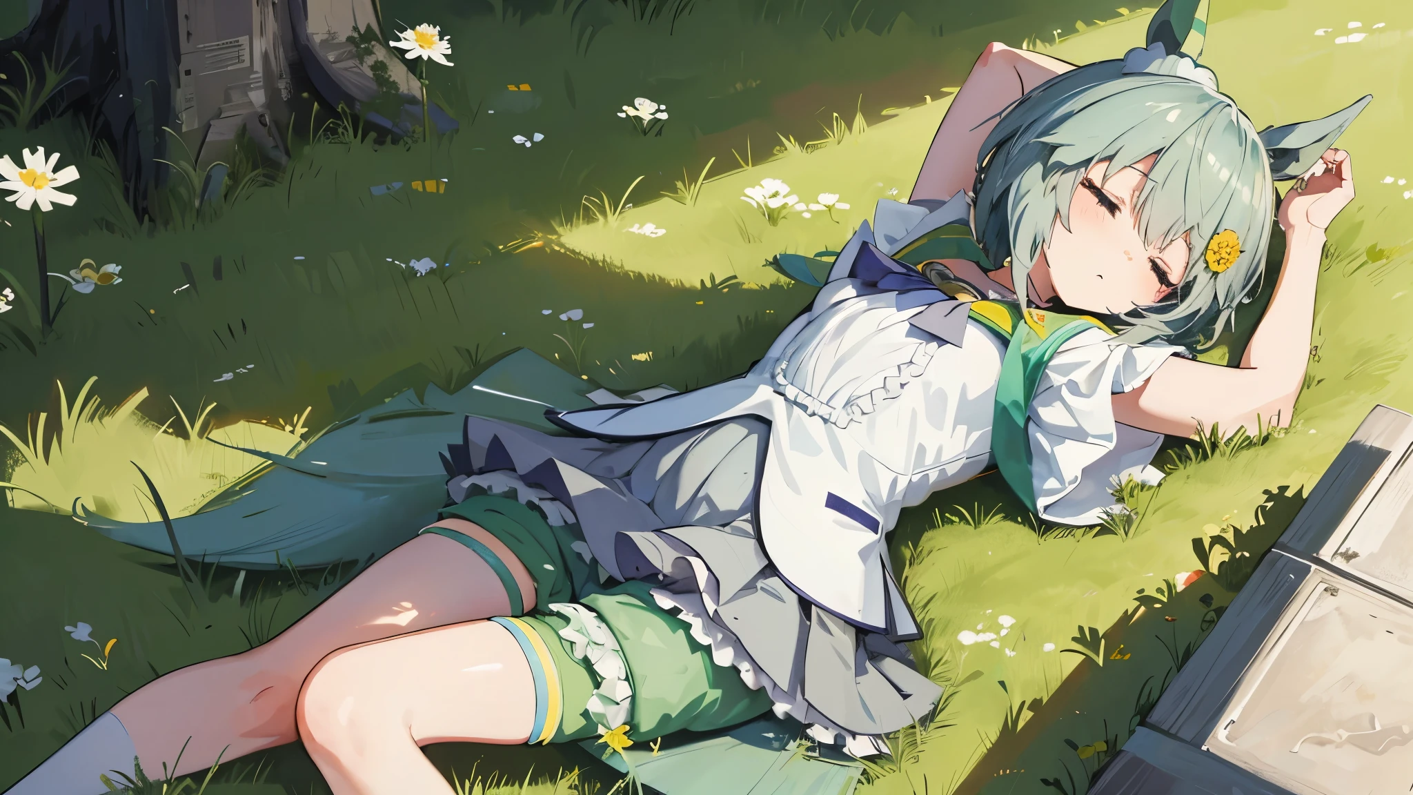 Seiun Sky | Uma Musume: Pretty Derby,horse ear,grassy ground,afternoon,sleeping,dandelion hair clip,lay on the ground,taking a nap,Victory server,Gray ruffled skirt,Green shorts under the skirt,near the river