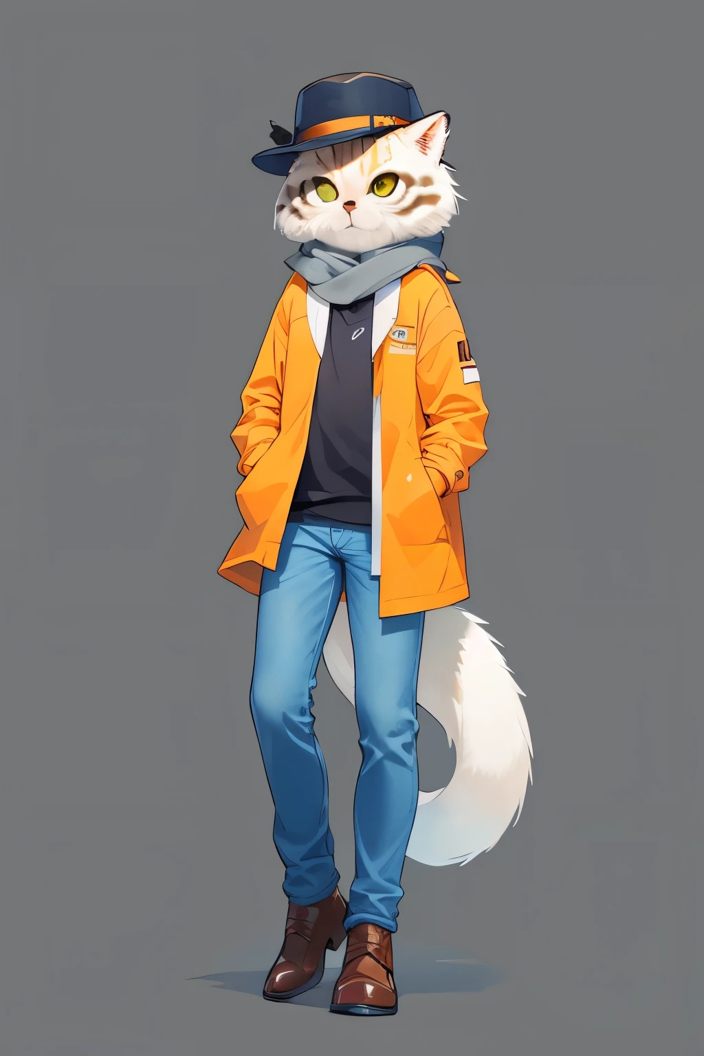 masterpiece,best quality,solo,looking at viewer,simple background,white background,long sleeves,standing,hat,jacket,full body,tail,open clothes,shoes,pants,grey background,scarf,animal,open jacket,denim,blue pants,pocket,animal focus,brown jacket,jeans,hands in pockets,no humans,grey footwear,orange jacket,grey scarf,Pallas's cat,
