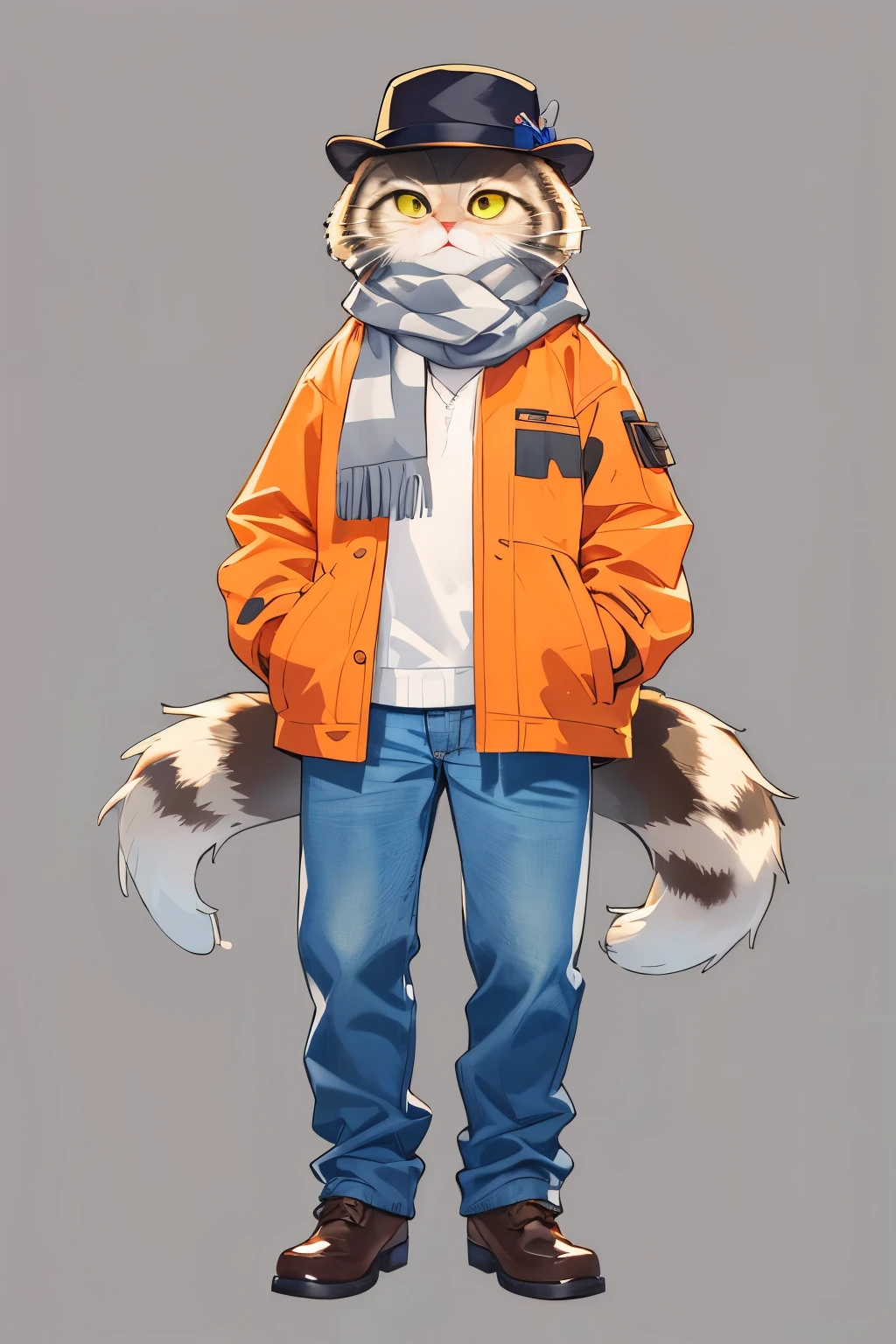 masterpiece,best quality,solo,looking at viewer,simple background,white background,long sleeves,standing,hat,jacket,full body,tail,open clothes,shoes,pants,grey background,scarf,animal,open jacket,denim,blue pants,pocket,animal focus,brown jacket,jeans,hands in pockets,no humans,grey footwear,orange jacket,grey scarf,Pallas's cat,
