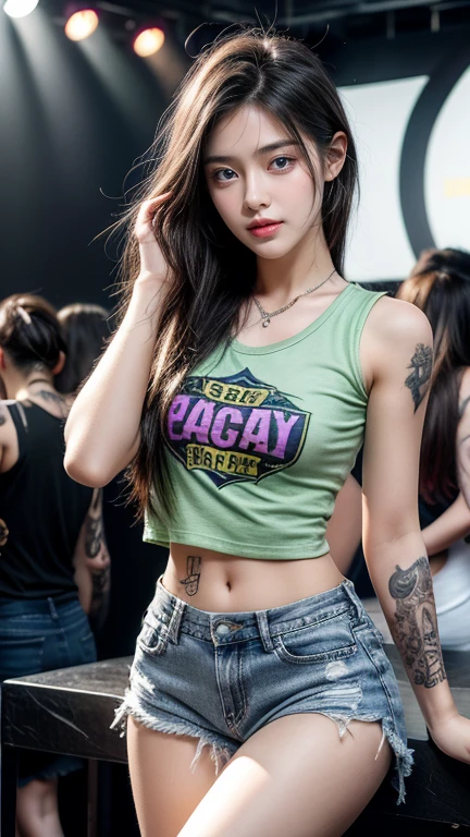 young girl, (19 years old), (perfect face), fit the body (Tattoo legs), (style: rock), (have green eyes), (Full body only........), ( Mini D, (Waist opening, unbuttoned, Waist opening, Show off your skin, zipper open, Open the zipper wide., Not wearing underwear) ,Cover the chest with your hands....., เปิดหน้าท้องกว้าง ripped jean shorts , open thigh high,low waist, Show off the edge of your panties., Below the navel), (purple, short, straight hair), (moderate, Open your stomach wide....., rounded chest), (in the background, rock style night club). canvas, ต่างหูที่สะดือ
