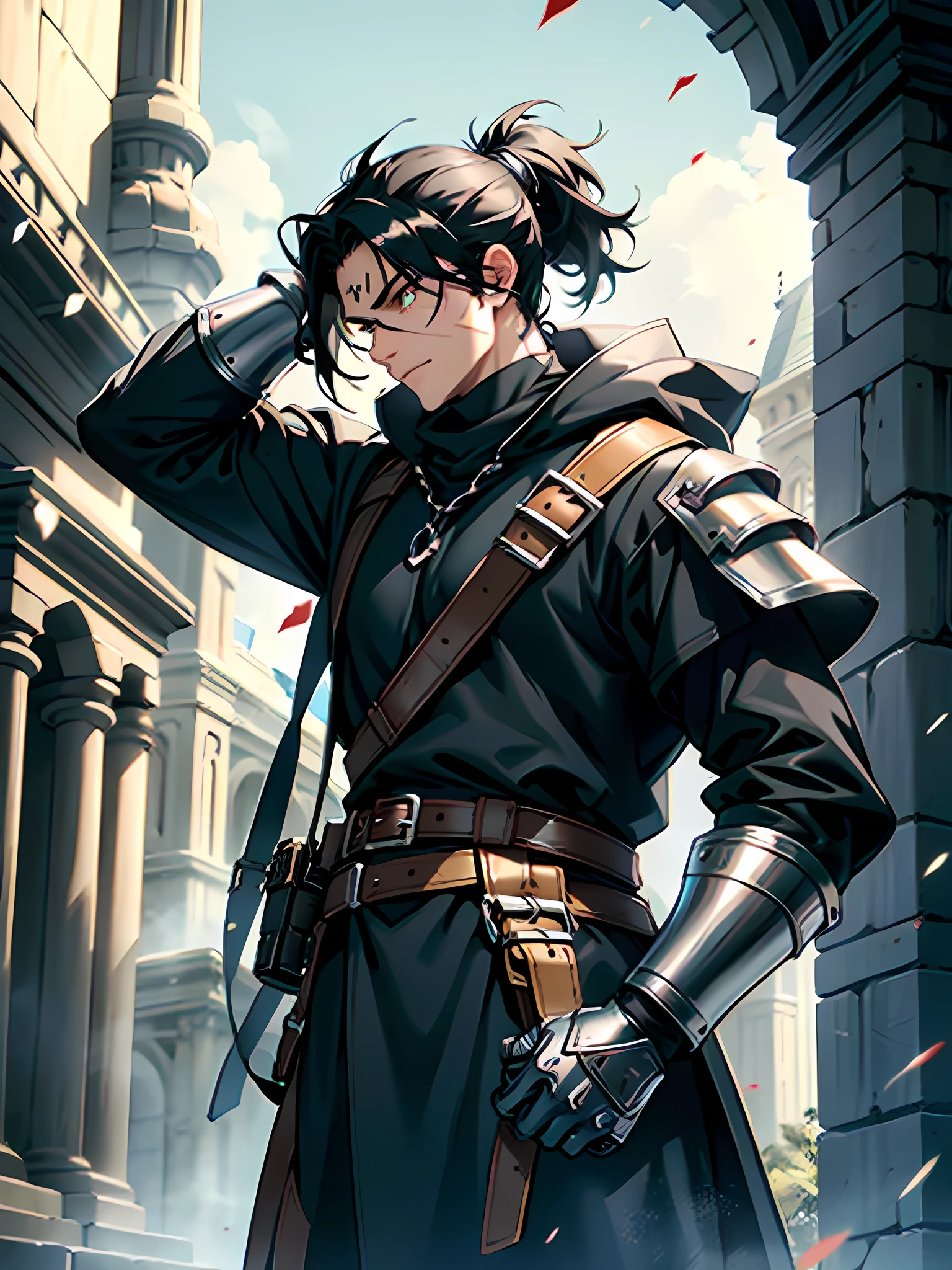 boy, solo, ponytail, black hair in front, medium build, face covering around neck, golden eyes, right eye black, scar on eye going down to cheek, mithral scale mail armor, leather sling holding rifle, demon arm, soft glow on demon arm, coat, coat hood down, medieval, high res, 8k, looking away from viewer, ultra-sharp, fantasy, artillerist artificer, holster on hip, silver armor