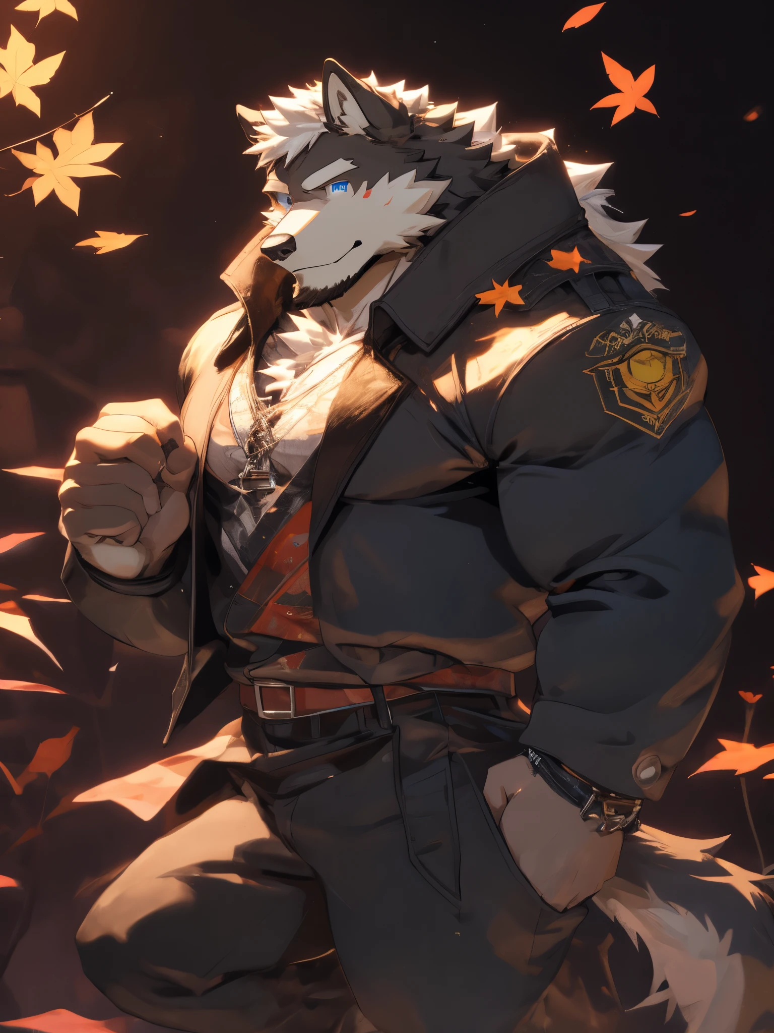 (masterpiece),(best quality),(Ultra-clear picture quality),gray wolf orc(male),Big muscles,White hair,Hairy hair all over the body,Deep blue eyes,Nice eyes,Black Skinny Wallet,Deep V,Dark jeans,Handsome wolf,Smiling,Half side view full body,Light from behind,Background with falling leaves,Golden maple leaves,(Light and shadow masterpiece),(dynamic picture)