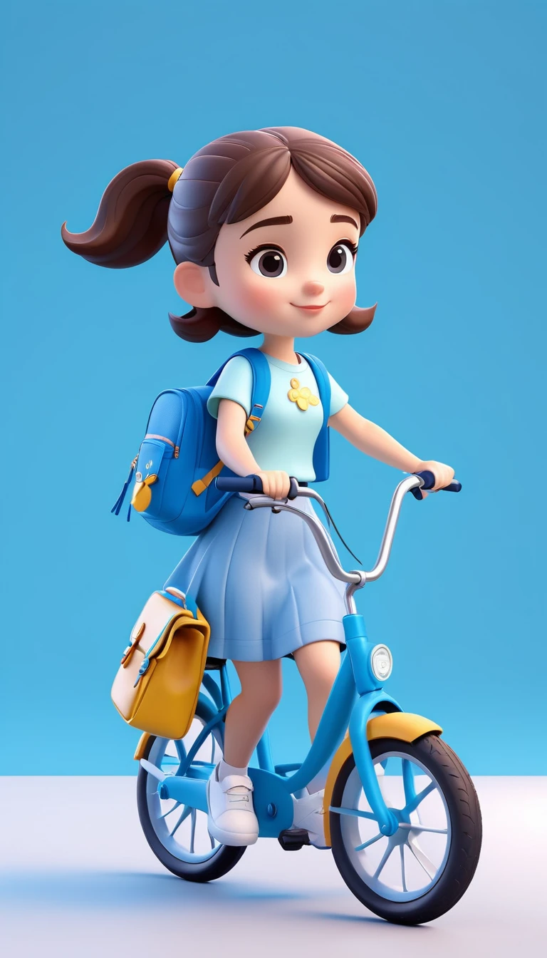 Cute girl with school bag, biking, summer, bright blue minimalist background, Disney style, Pixar style, POPMART Blind Box Cute Style, 3D, C4D Render, OC Render