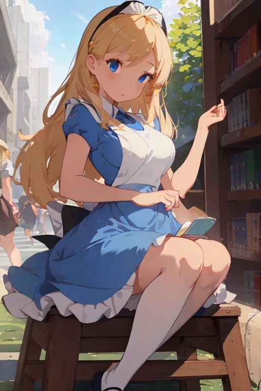 (masterpiece、top-quality;1.3)、ighly detailed、1girl in、atlibrary、Black Hair Band、Blonde long hair、big breast beauty、a blue dress、White Apron、a itting on、opening legs