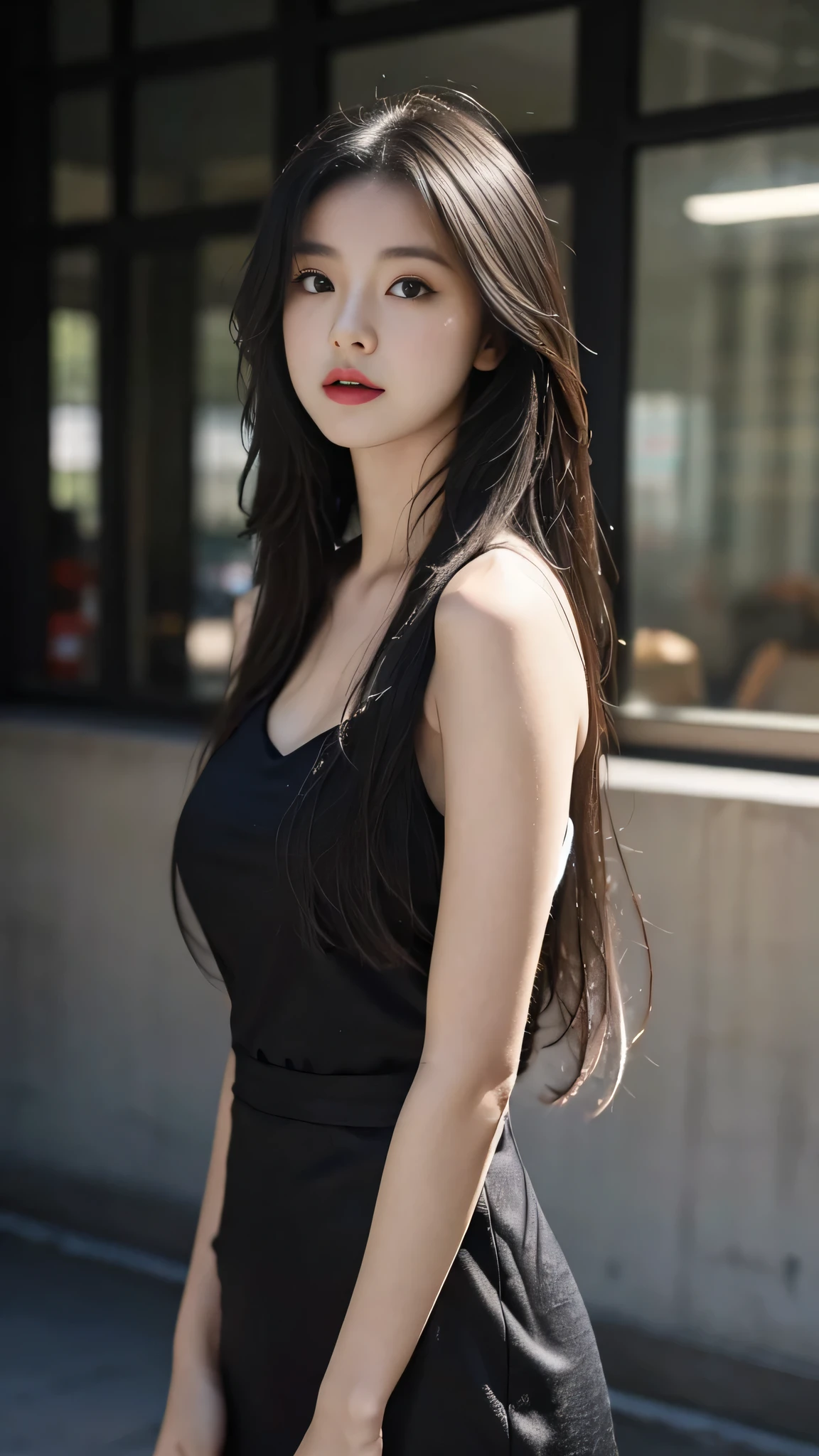 A perfect young female white-collar worker,Chinese,High picture quality,Works of masters,Black hair,Long hair flowing over the shoulders,Blured background,outside, deep shadow, Real Human,CG rendering,16k,Stand up,Empty interior,Do not show your hands,Close-up shot