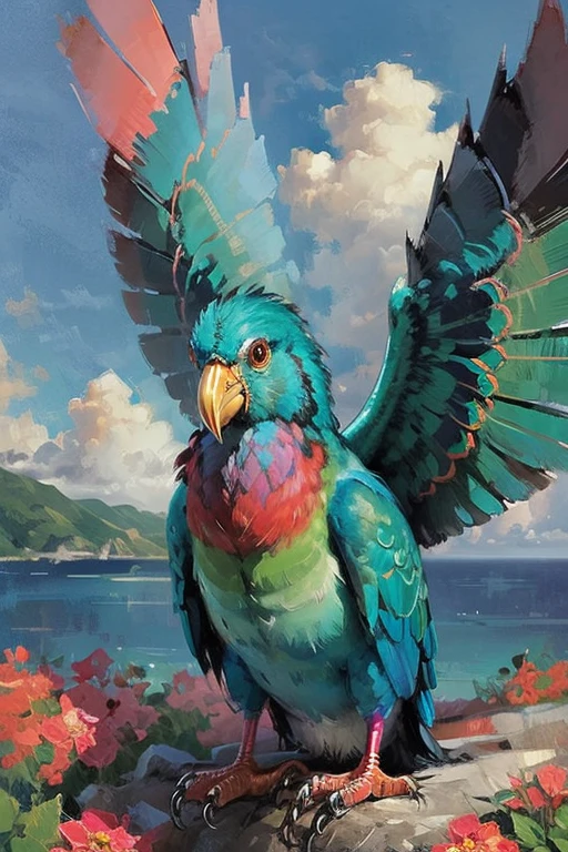 A brightly colored bird flying with its wings spread, Quetzal, Quetzal and star-nosed mole, Multicolored birds, Colorful feathers, Long colorful bird, Rare bird in the jungle, Very beautiful, Scarlet Emerald, turquoise pink and green, Incredibly beautiful, Great beauty, In flight, Beautiful and elegant, Beautiful Nature, A wonderful sight, (highest quality:1.2),very beautiful,(Super detailed:1.2),Real,8K,(Very delicate and beautiful:1.2)