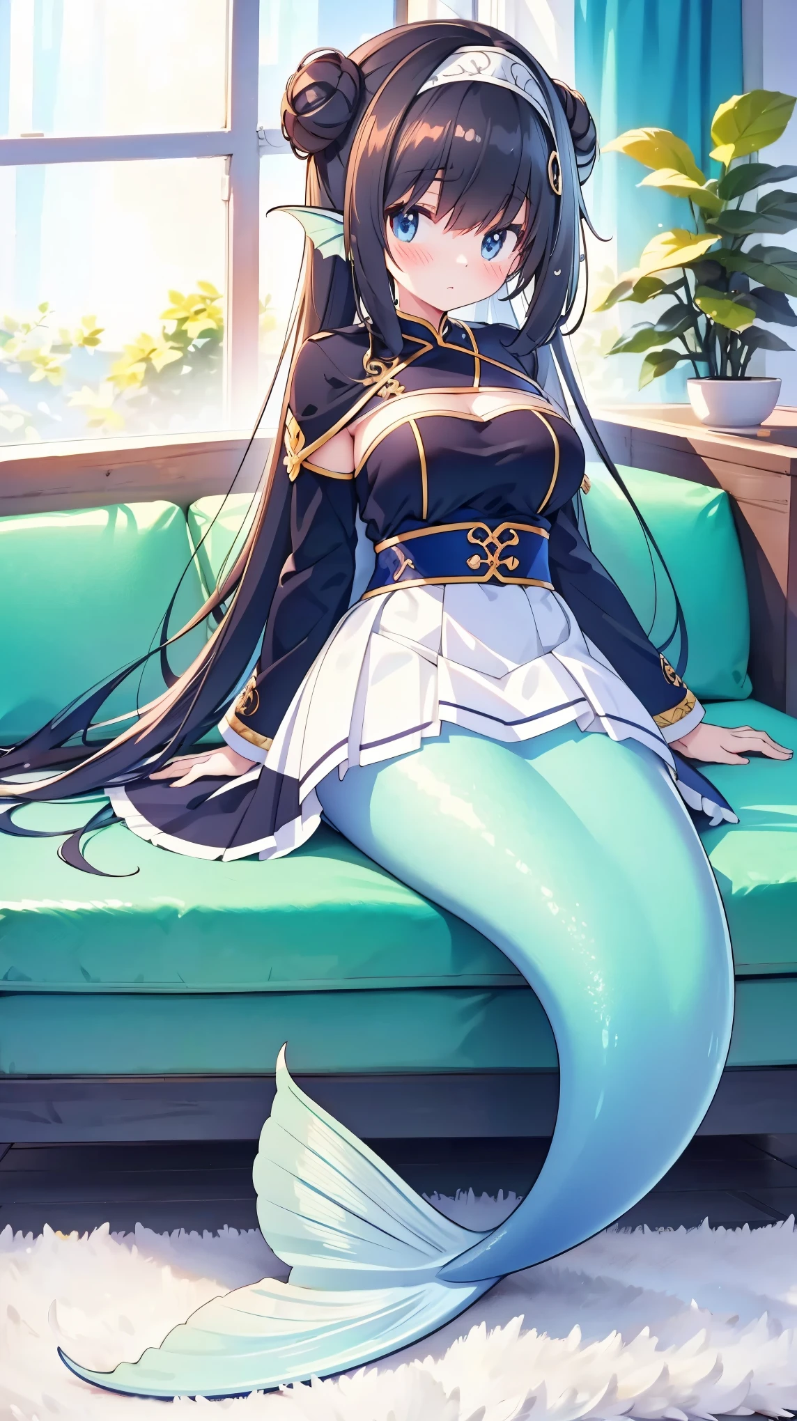 masterpiece, best quality,(Full fingers),A woman,Blue coat,White skirt,Large Breasts,Mermaid,Black long hair,White bun,blue eyes,藍色的Mermaid尾巴,head fins,full-body shot,living room,Sitting on the sofa,charming脸(Kawaii, charming,Soft)