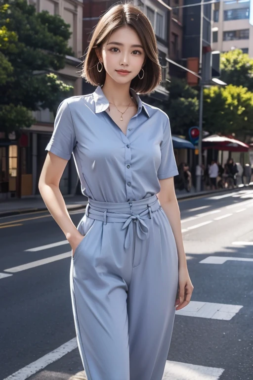 highest quality, Very detailed, masterpiece, 1 person,woman,(((完璧なwomanの体))),Very beautiful face, Very beautiful body,Gentle expression, Very beautiful eyes,(Perfect Makeup:1.1), (((Very beautiful fine hair))),short hair,Shaggy Hair,hair color,Ash Brownの髪:1.3, Very thin body,Smart Abs, dark blue,Short sleeve dress shirt, Sash belt, Cotton long jogger pants,necklace,anklet,Elegant pumps,ショートShaggy Hair,Ash Brown,A kind smile,whole body Portrait,(Street background:1.3), (Shiny skin), (Many colors:1.4) ,(Earrings),
