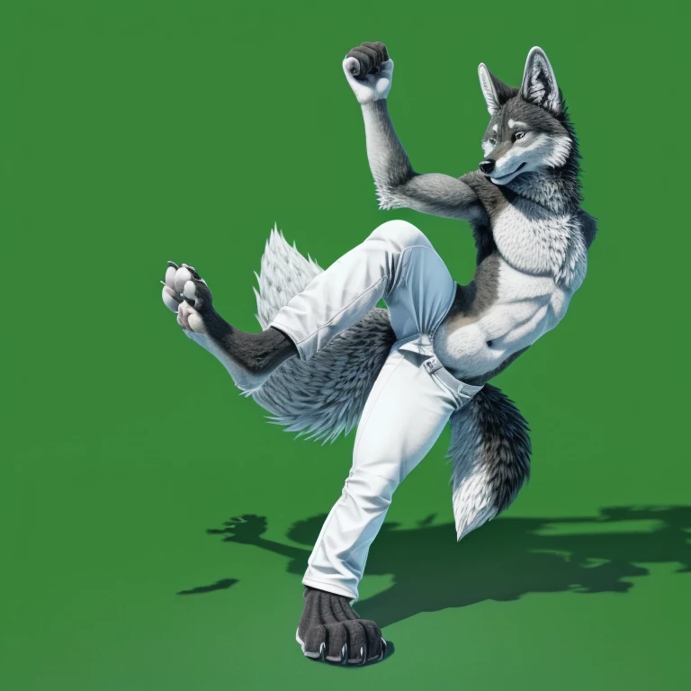 Grey anthro wolf, standing with one feet, kicking air, doing a kick fight pose, wearing white clhlotes, chest exposed, stomsch exposed, wearing white pants arm crossed, head tilted, right feet close to camera, detailed feet paws, hd quality, 4k quality, perfect light, perfect shadow