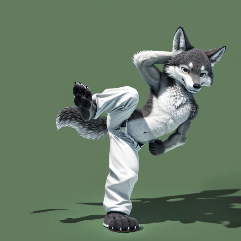 Grey anthro wolf, standing with one feet, kicking air, doing a kick fight pose, wearing white clhlotes, chest exposed, stomsch exposed, wearing white pants arm crossed, head tilted, right feet close to camera, detailed feet paws, hd quality, 4k quality, perfect light, perfect shadow