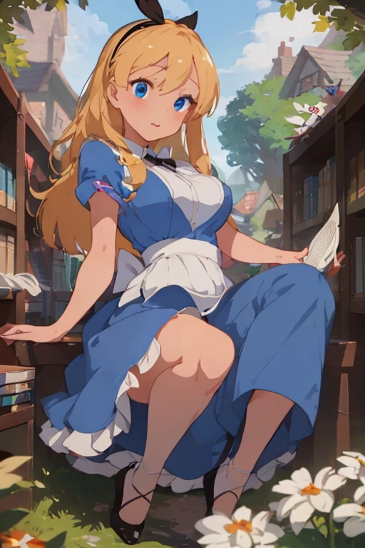 (​masterpiece、top-quality;1.3)、ighly detailed、1girl in、looking at the viewers、atlibrary、alice liddell、Black Hair Band、Blonde long hair、big breast beauty、bra very、opening legs、hand job