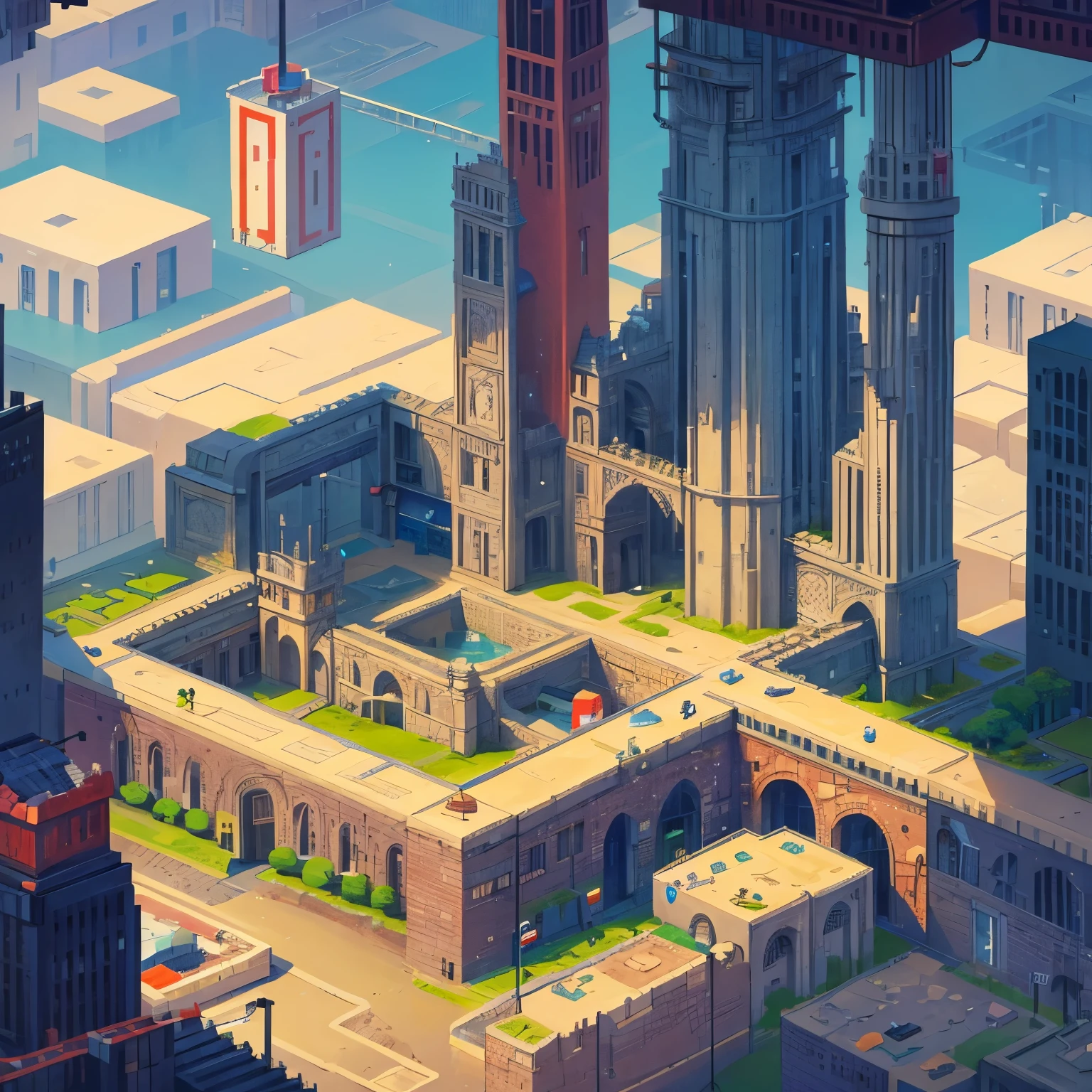 pixel art, down town, retro, warm, tiny city model, top view, cute, isotropic, game, underground, cloud, maze, factory