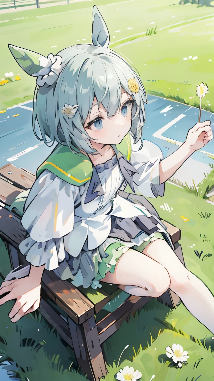 Seiun Sky | Uma Musume: Pretty Derby,horse ear,grassy ground,afternoon,fast,dandelion hair clip,running,Victory server,Gray ruffled skirt,Green shorts under the skirt