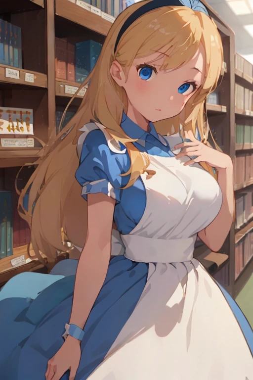 (masterpiece、top-quality;1.3)、ighly detailed、1girl in、atlibrary、Black Hair Band、Blonde long hair、big breast beauty、Show、a blue dress、White ?????
