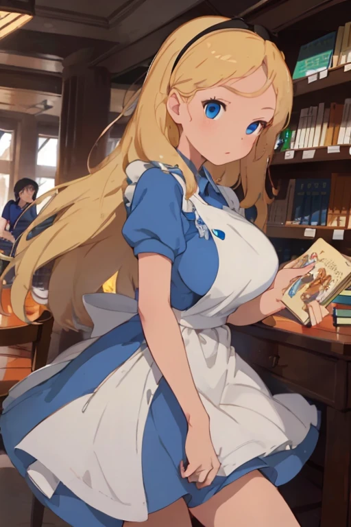 (masterpiece、top-quality;1.3)、ighly detailed、1girl in、atlibrary、Black Hair Band、Blonde long hair、big breast beauty、Show、a blue dress、White apron