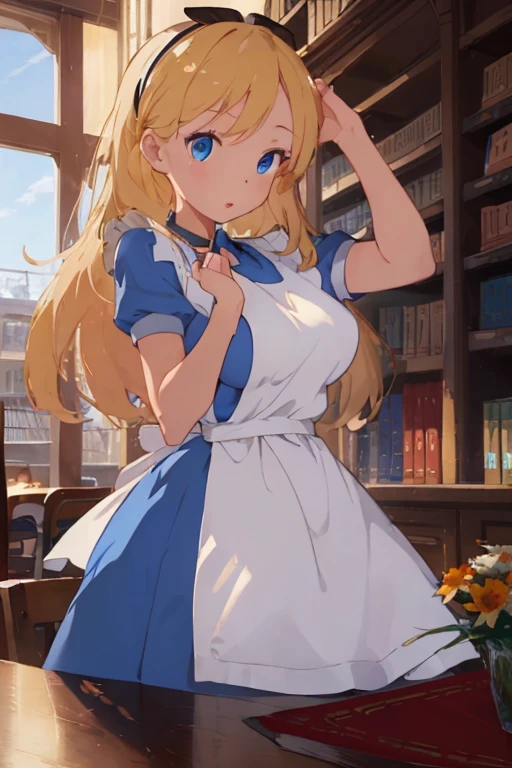 (​masterpiece、top-quality;1.3)、ighly detailed、1girl in、atlibrary、Black Hair Band、Blonde long hair、big breast beauty、Show、a blue dress、White apron