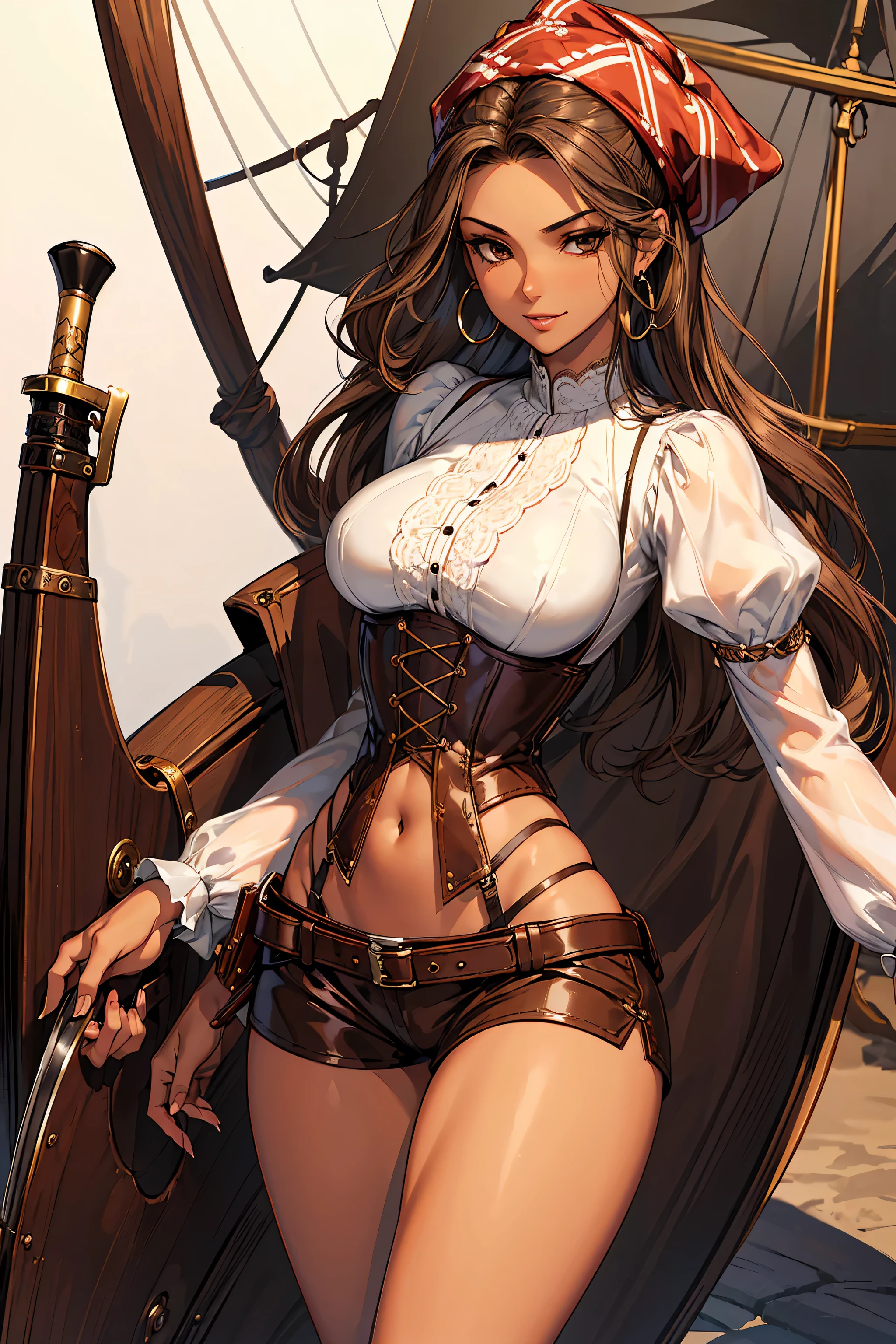 (masterpiece), best quality, expressive eyes, perfect face, (pirate ship background), (standing), (smirk), (closeup view), (1girl, vanessa alessia, dark skin, tanned skin, brown hair, wavy hairstyle, brown eyes, hourglass figure, thin body, skinny body, petite_body, medium breasts, thick thighs, long fingernails, brown plaid head wrap, white front lace blouse, long sleeve, loose fit, brown leather corset, brown leather shorts, brown boots, sheathed cutlass sword, flintlock pistol in holster, hoop earrings, miscellaneous jewelry)