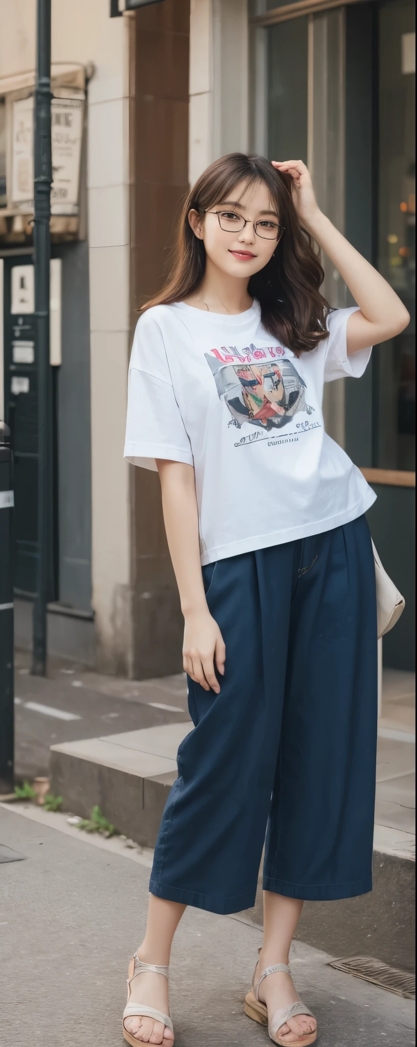 masuterpiece, Best Quality, Illustration, Ultra-detailed, finely detail, hight resolution, 8K Wallpaper, Perfect dynamic composition, from front, Beautiful detailed eyes, Medium Hair, glasses, wearing oversize sarouel pants:1.2, lool uped pants, T-shirt, sandals, Natural Color Lip, Random and sex- poses,Smile, Aoyama Street Walk, 28 years girl