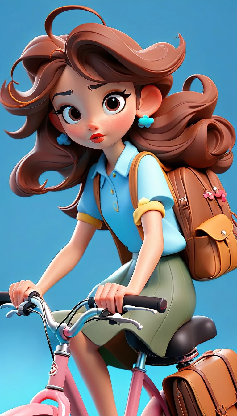 Cute girl with school bag, biking, summer, bright blue minimalist background, Disney style, Pixar style, POPMART Blind Box Cute Style, 3D, C4D Render, OC Render