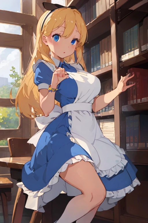 (masterpiece、top-quality;1.3)、ighly detailed、1girl in、atlibrary、Black Hair Band、Blonde long hair、big breast beauty、Show、a blue dress、White apron
