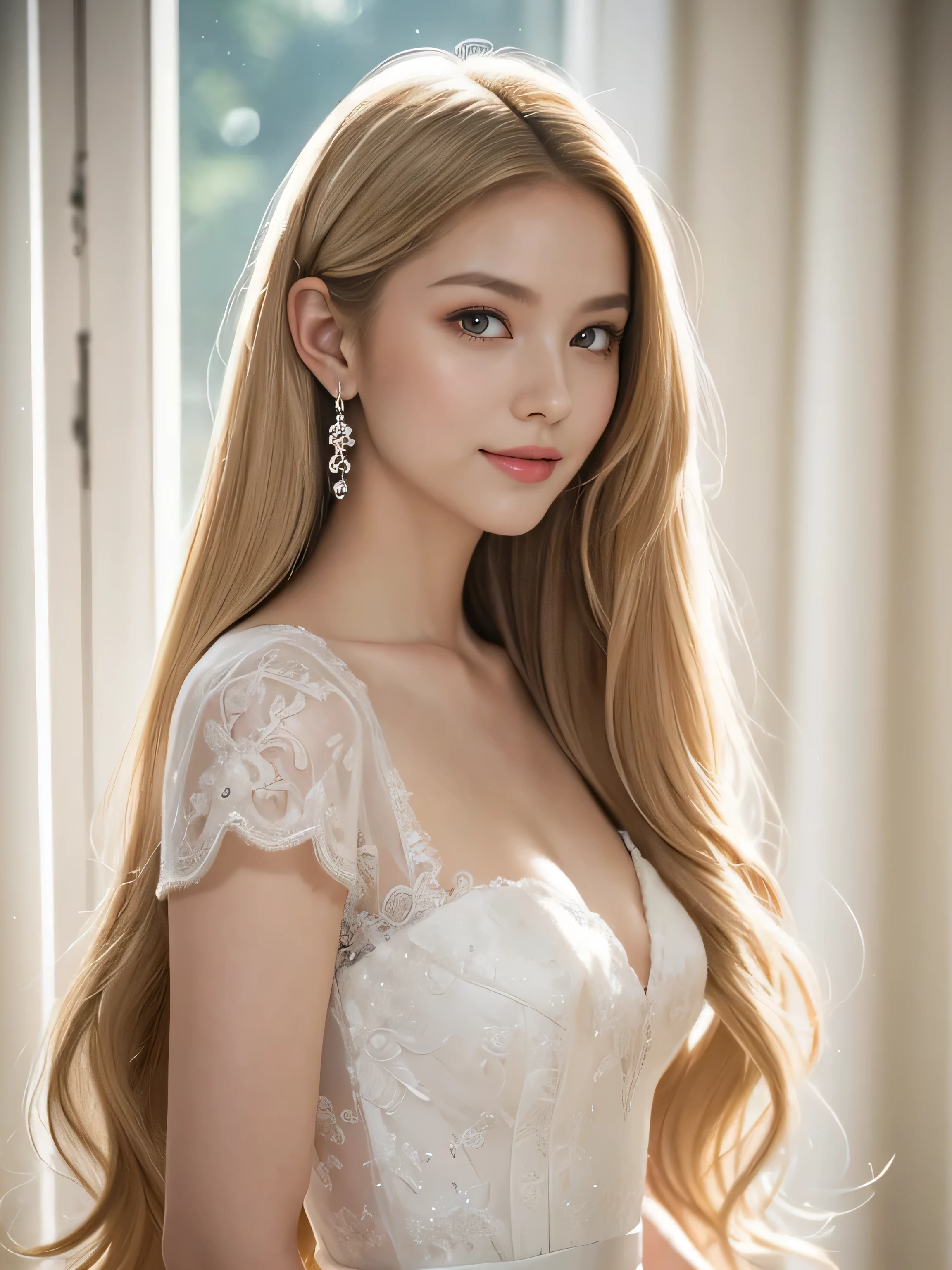((length blonde hair length, Shiny golden hair,Golden Silky Hair, Straight blonde hair, length blonde straight hair, Perfect Silky Straight Hair, Straight blonde hair, length blonde hair, Her hair is long and straight, detailed length blonde hair Super Long Hair down to the ankles)) (Wedding dress standing in front of a curtain, soft elegant gown, wearing a Wedding dress, dressed beautiful gown, Wedding dress, wearing organza gown, gown, Tulle and lace, white regal gown, With natural light as a background, beautiful Wedding dress, white gown, Elegant and graceful, beautiful gown, beautiful and elegant, intricate gown, romantic gown Wedding dress standing in front of a curtain, a portrait by Eizan Kikukawa, Pinterest, Baroque, soft elegant gown, wearing a Wedding dress, dressed beautiful gown, Wedding dress, wearing organza gown, gown, Tulle and lace, white regal gown, With natural light as a background, beautiful Wedding dress, white gown) ((Full Shot:1.2)) ((highest quality)), ((masterpiece)), (Get used to it), Perfect Face (1 girl) (French) (She is 24 years old、The cutest and most beautiful fantasy girls from France) ((Neat bangs The neatly trimmed bangs are princess cut and cover the entire forehead...)) (big 1.4) bright crimson lips good, Anatomically correct hand Thin fingers Anatomically correct five fingers Sexy professional makeup Beautiful French girl face, French facial features, Long Hair shiny Long Hair, length, Shiny golden hair, length, Straight Golden Hair, Her hair is long and straight, Super Long Hair girl, Silky Hair, length blonde hair, Silky Hair, length, Flat Hair, Silky texture, Long Hair, length, flowing blonde hair, thin and shiny hair Anatomically correct、White beautiful human skin and detail of hands and fingers Beautiful Eyes Mouth Details the corners of the mouth rise slightly Cool look (The eyebrows are dark brown in color) (She looks at the viewer and gives a sweet smile..) (The location of the photo is the starry sky, ladder, and a flock of birds.., Matte paintings inspired by Johan Jongkind, Shutterstock, magical realism, Entrance to the spirit world, Magic portal in the sky, In the astral world ) ) ), Esoteric equation heaven, Dreamscape Painting, stairway to heaven, magical dreamy atmosphere, Entrance to the spirit world