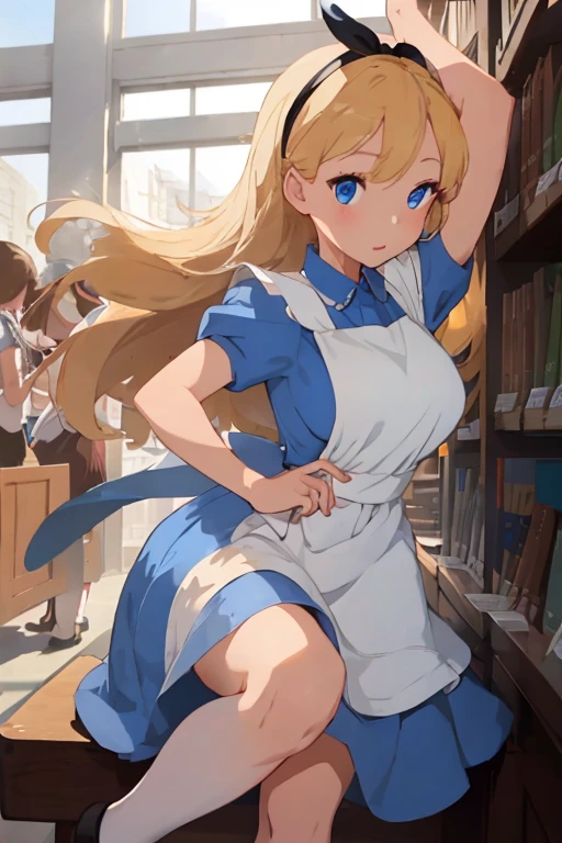 (masterpiece、top-quality;1.3)、ighly detailed、1girl in、atlibrary、Black Hair Band、Blonde long hair、big breast beauty、Show、a blue dress、White apron