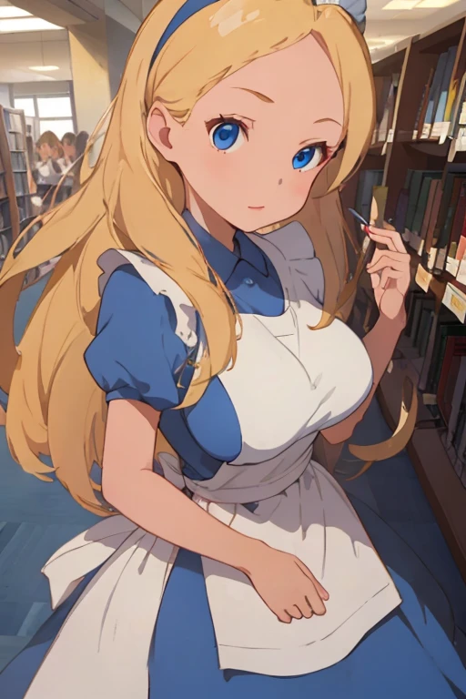 (​masterpiece、top-quality;1.3)、ighly detailed、1girl in、atlibrary、Black Hair Band、Blonde long hair、big breast beauty、Show、a blue dress、White apron