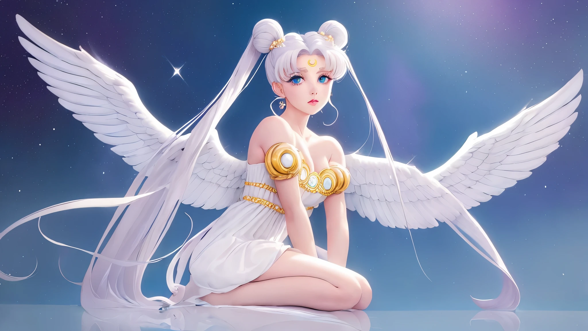 masterpiece, best quality, 1girl, solo, princessserenity, white hair, hair ornament, forehead mark, white dress, sitting, beautiful, inspired by Sailor Moon, an retro anime image, anime cels, inspired by Naoko Takeuchi, classic shoujo, 1990s anime, 80s anime ova style, retro anime girl, (sparkling big eyes, long ribbon in hair, white wings on back), (soft pastel colors), (bright and dreamy lighting