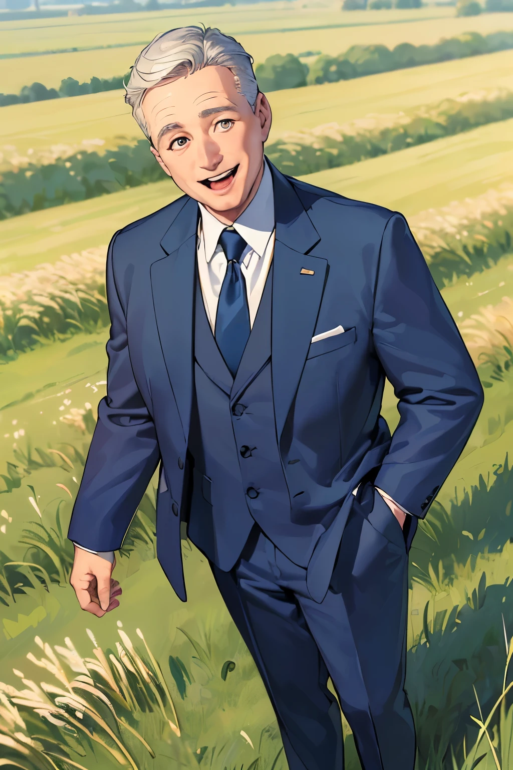 ((best quality)), ((masterpiece)), ((detailed)), (((perfect faces))), (((50yo white man in navy blue suit))), (((standing))), (((overweight:0.8))), (((happy:1.5))), (((big wide eyes))), (((grass field)))